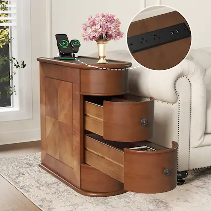 Front. Loheer - Loheer End Table with Charging Station Sofa Side Table Walnut - Walnut.