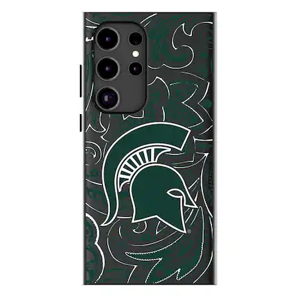 Front. Keyscaper - Michigan State Spartans Paisley Galaxy Magnetic Bump Case - S25 Ultra - Black.
