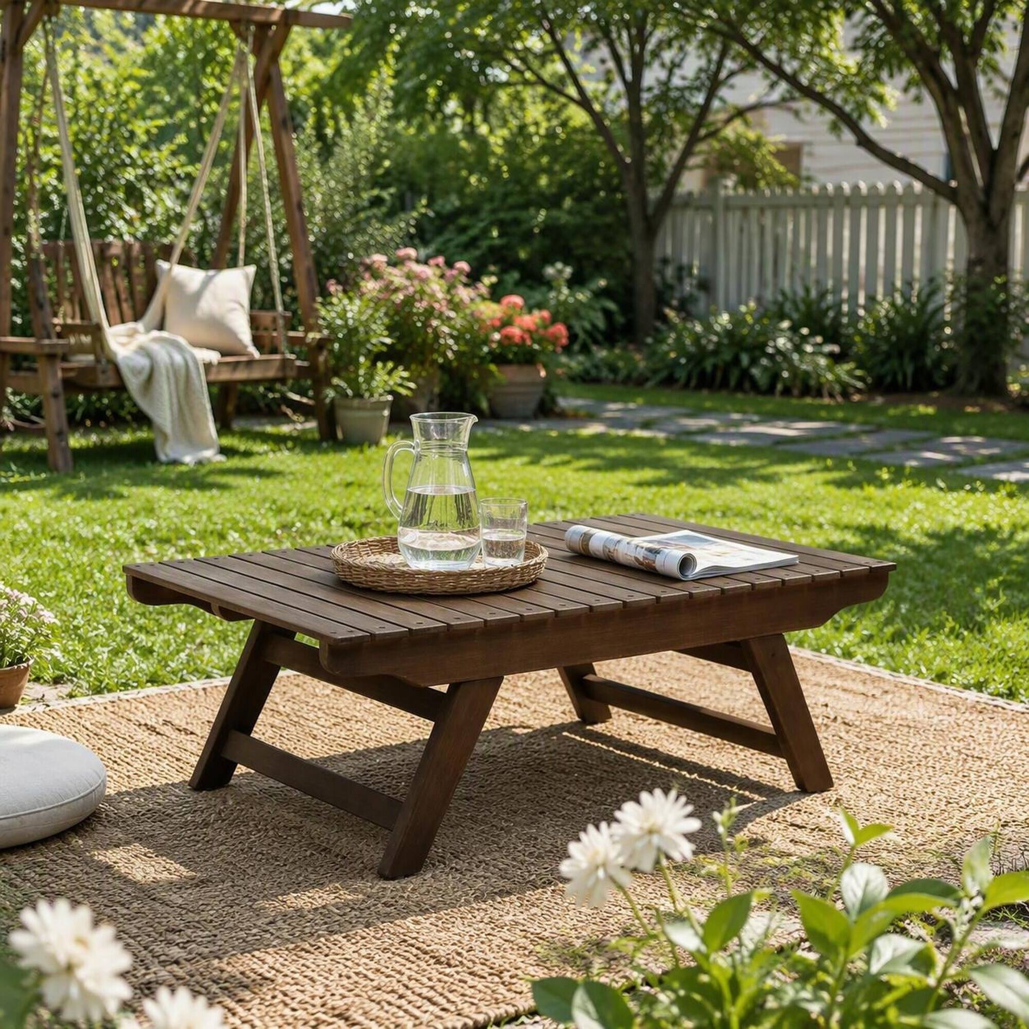 Alt View 2. RYHNUYNE - Natural Brown Solid Wood Outdoor Coffee Table, Slatted Tabletop Patio Low Table for Garden Backyard Deck Porch - Grey.