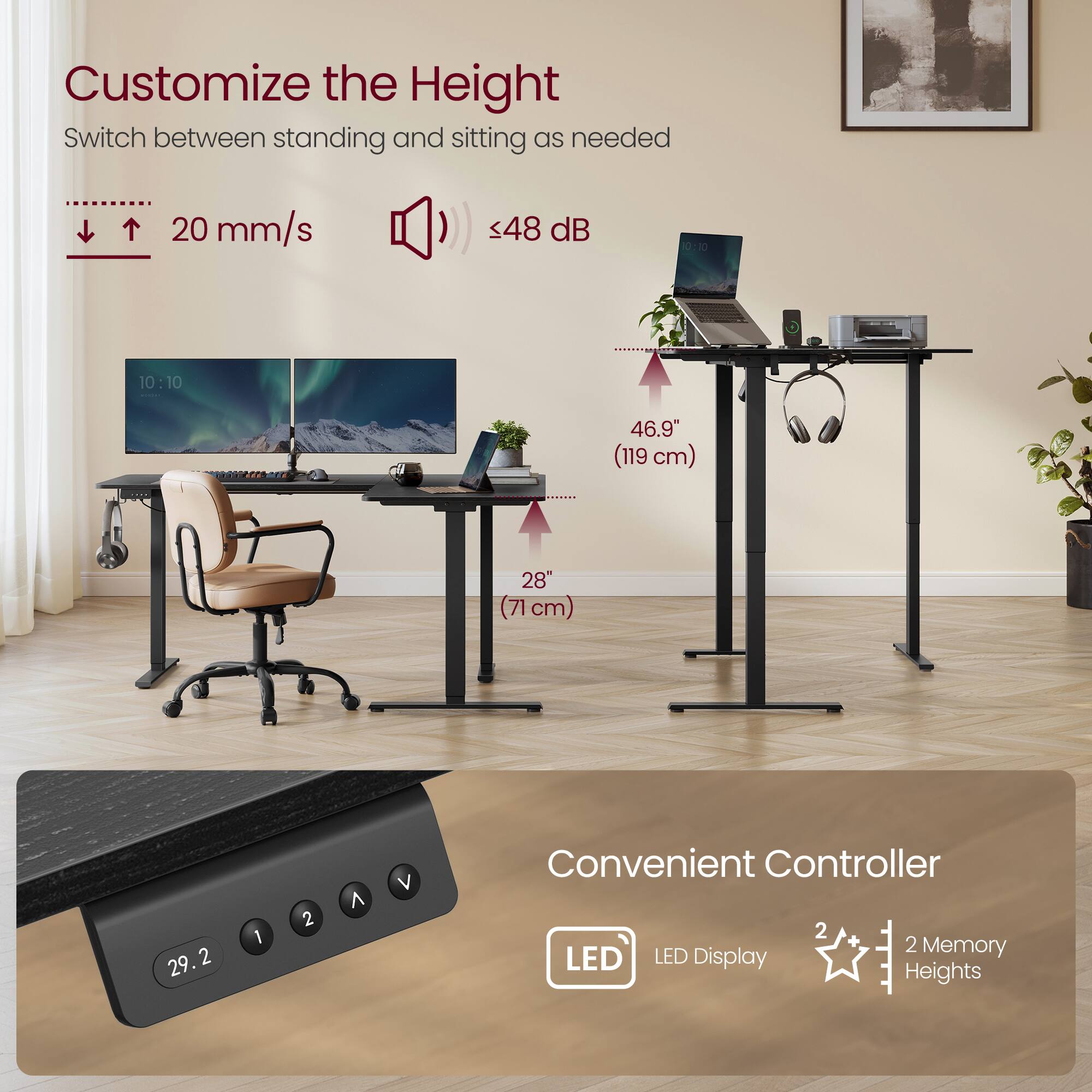 Songmics Home - L-Shaped Electric Standing Desk, Corner Desk,Power Outlets, Height Adjustable, Memory Function, Easy to Assemble - Thumbnail 3