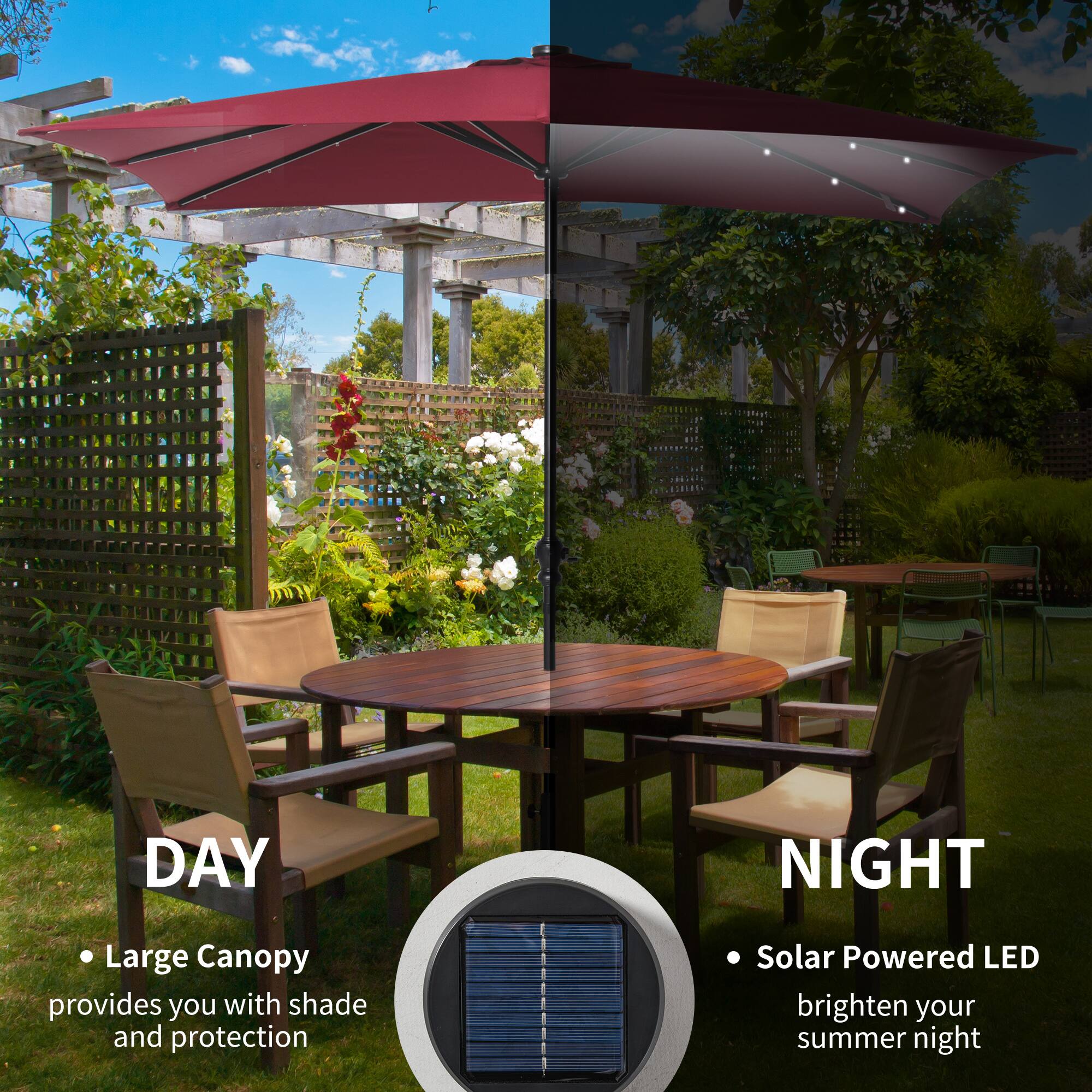DAY Large Canopy provides you with shade and protection
NIGHT Solar Powered LED brighten your summer night