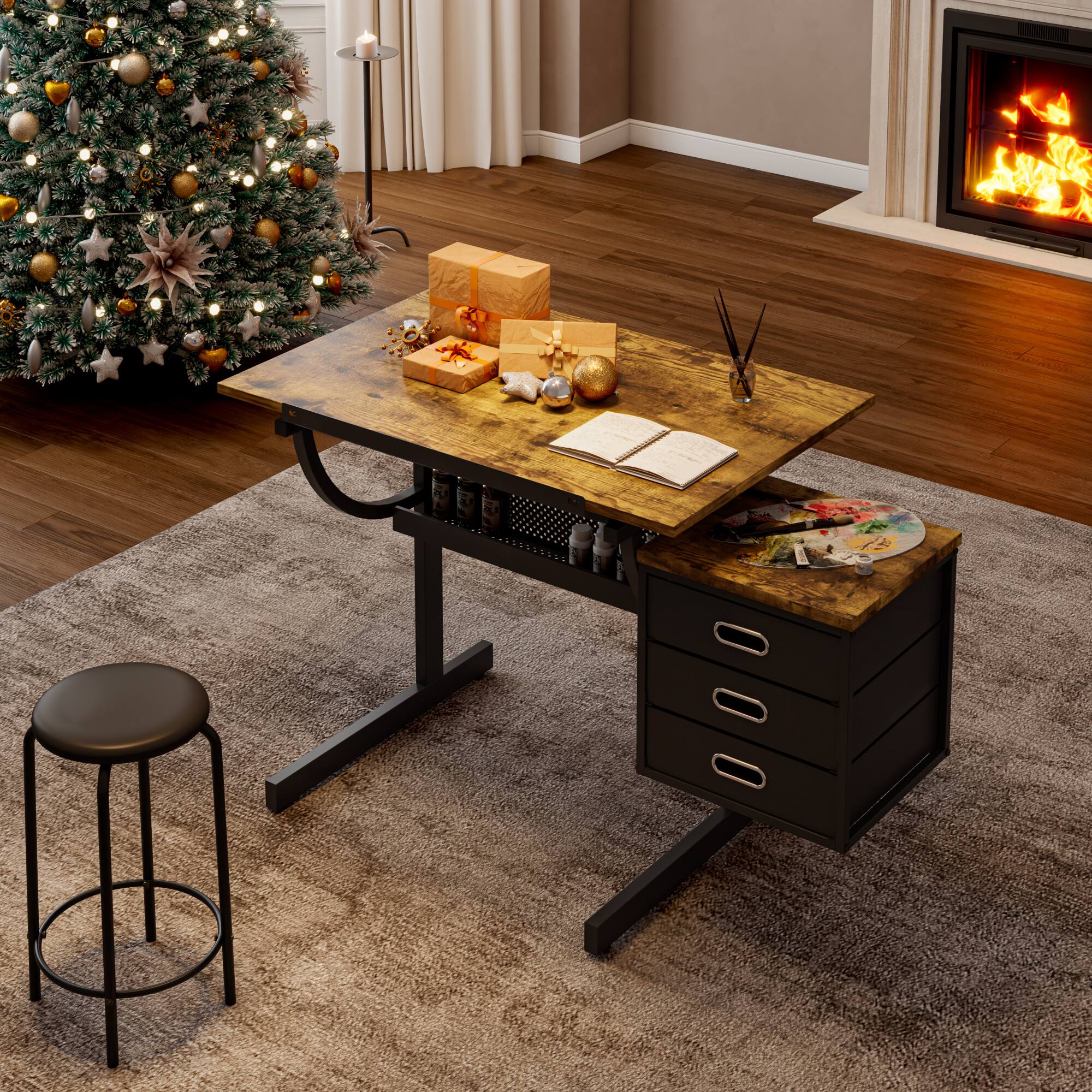 Alt View 2. GOODSILO - Professional Adjustable Drafting Table with Storage Drawers and Stool for Artists and Designers - Black.