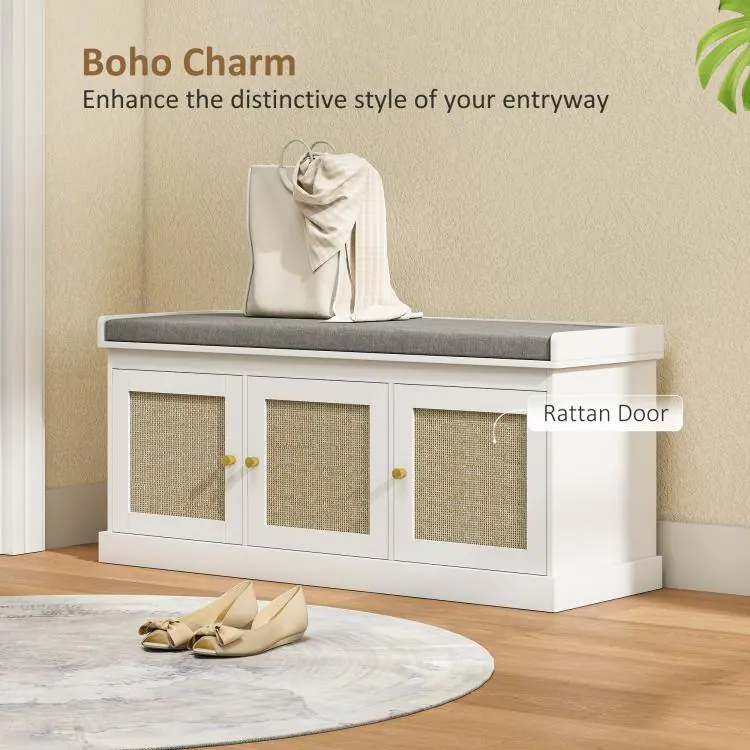 White Entry Bench PULUZ Shoe Storage Bench with Woven Rattan Doors, Shoe Bench with ...