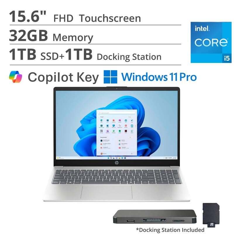 15.6" FHD Touchscreen  
32GB Memory  
1TB SSD + 1TB Docking Station  
Intel Core i5  
Copilot Key  
Windows 11 Pro  

*Docking Station Included