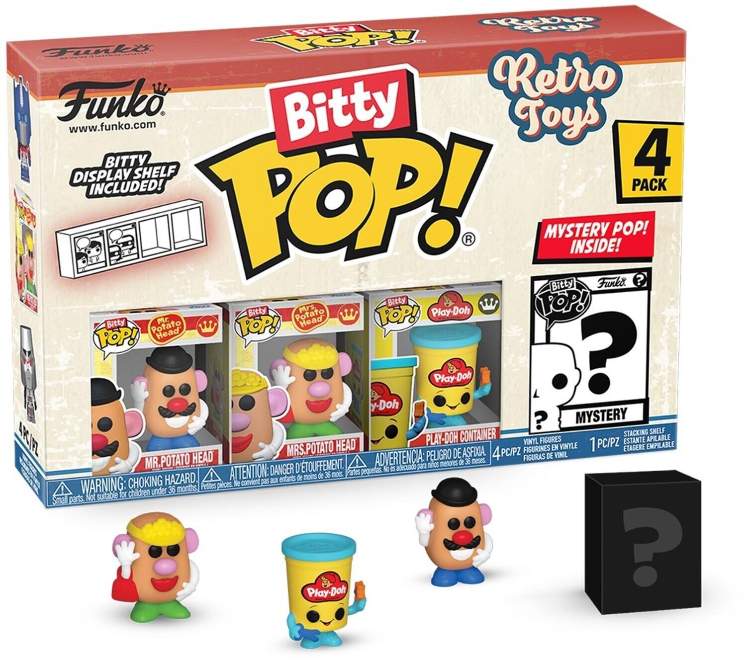 Sure, here is the corrected and grouped text from the image:

---

**Funko**  
www.funko.com

**Bitty POP!**  
Retro Toys  
4 PACK

**Bitty Display Shelf Included!**

**Mystery Pop! Inside!**

**Mr. Potato Head**  
**Mrs. Potato Head**  
**Play-Doh Container**

**Warning: Choking Hazard.**  
Small parts. Not suitable for children under 36 months.

**Advertencia: Peligro de asfixia.**  
Piezas pequeñas. No es adecuado para niños menores de 36 meses.

**Attention: Danger de suffocation.**  
Petites pièces. Ne convient pas aux enfants de moins de 36 mois.

**4 PC/PZ**  
**1 PC/PZ**

**Vinyl Figures**  
**Figurines en vinyle**  
**Figures de vinyle**

**Stacking Shelf**  
**Estante apilable**  
**Étagère empilable**

**Play-Doh**

**Mystery**

---