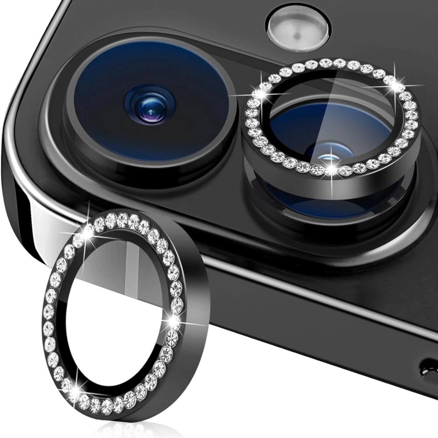 Angle. Home Collection - Camera Lens Tempered Glass Screen Protector Rhinestones 6.1 inch for iphone 16 - Clear with Rhinestones.