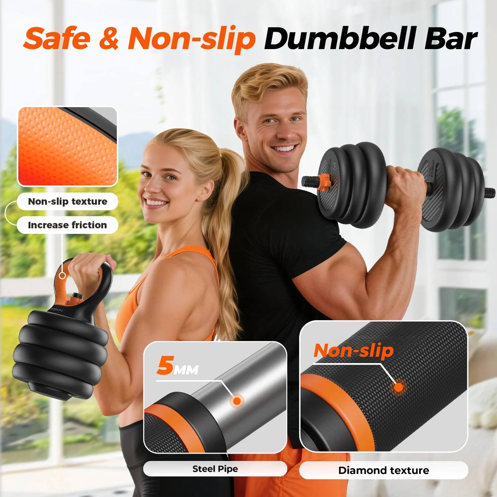 Safe & Non-slip Dumbbell Bar

- Non-slip texture
- Increase friction

5MM

- Steel Pipe
- Diamond texture