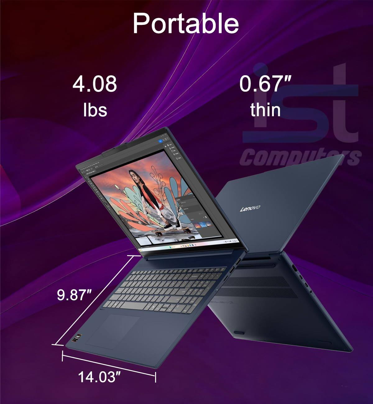 Portable  
4.08 lbs  
0.67" thin  
9.87"  
14.03"  
Lenovo