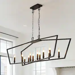 RYHNUYNE - 12-Light Kitchen Island Linear Chandelier, Large Farmhouse Chandelier for Dining Room, Industrial Pendant Light Fixture - Black