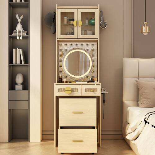 Alt View 8. Winado - Small Space Makeup Vanity Set LED Lighted Mirror Power Outlet & DIY Pegboard, Hidden Storage Under the Seat - Rattan.