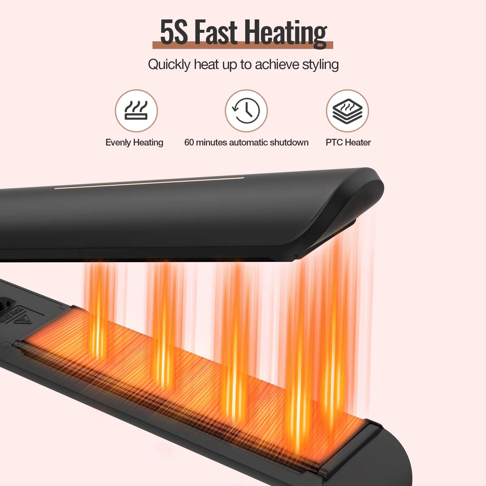 5S Fast Heating  
Quickly heat up to achieve styling  

- Evenly Heating  
- 60 minutes automatic shutdown  
- PTC Heater