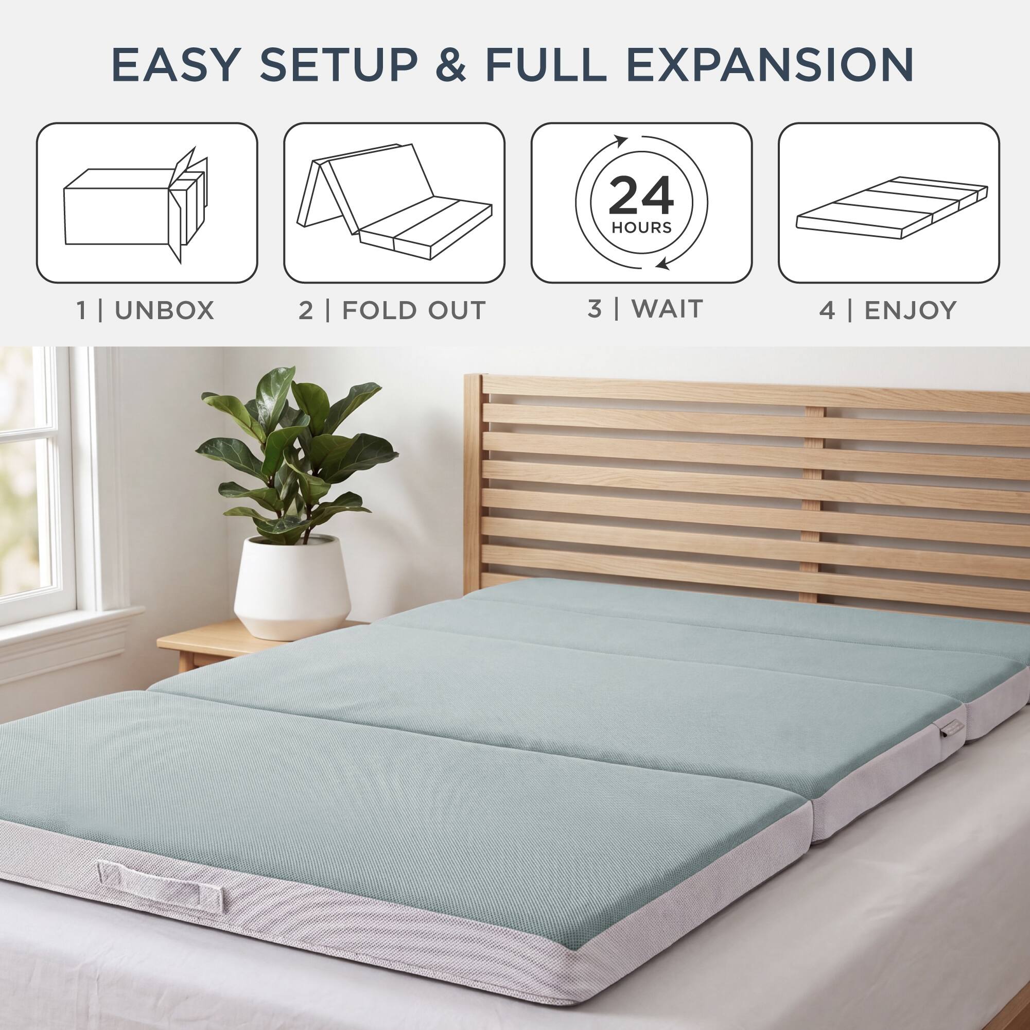 EASY SETUP & FULL EXPANSION

1 | UNBOX
2 | FOLD OUT
3 | WAIT
4 | ENJOY