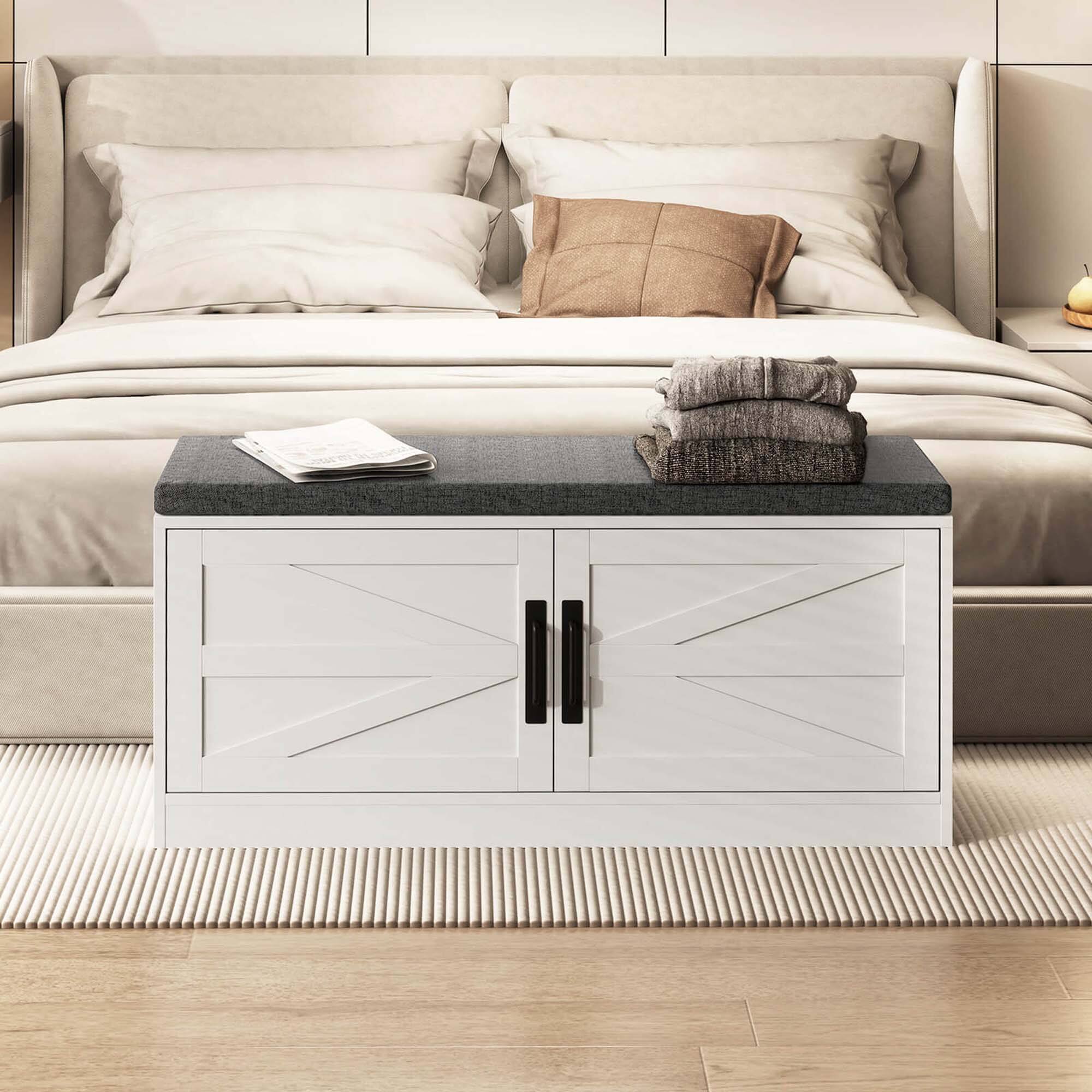 Alt View 3. Costway - Costway Shoe Bench Farmhouse Shoe Rack Organizer with Cushion 2 Doors 2 Adjustable Shelves - White.