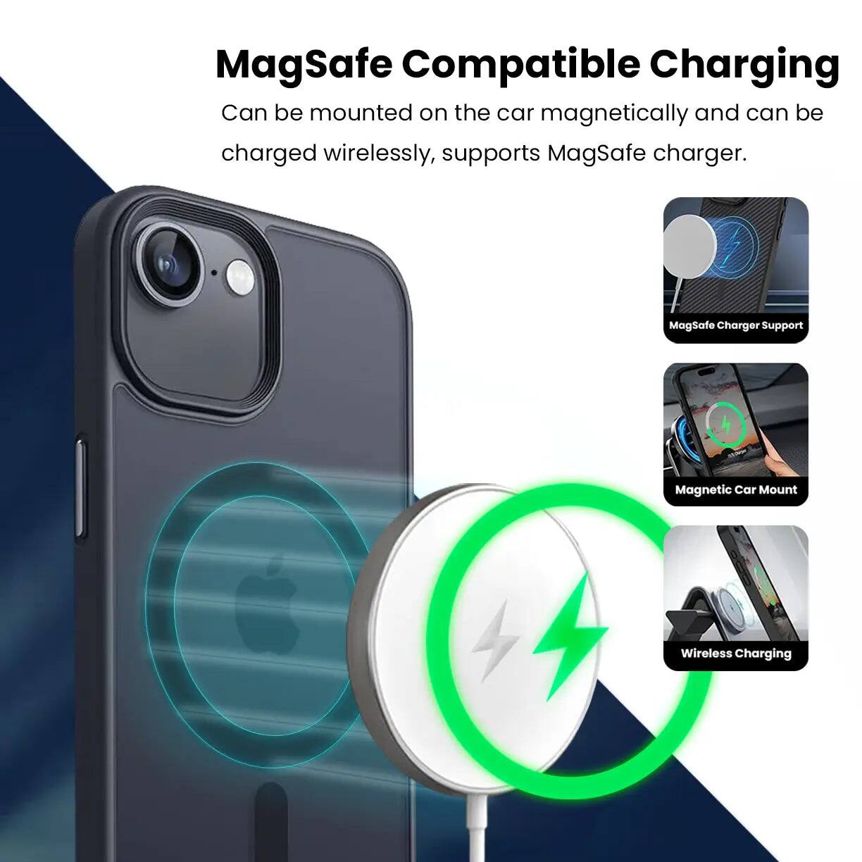 MagSafe Compatible Charging  
Can be mounted on the car magnetically and can be charged wirelessly, supports MagSafe charger.  

MagSafe Charger Support  
Magnetic Car Mount  
Wireless Charging