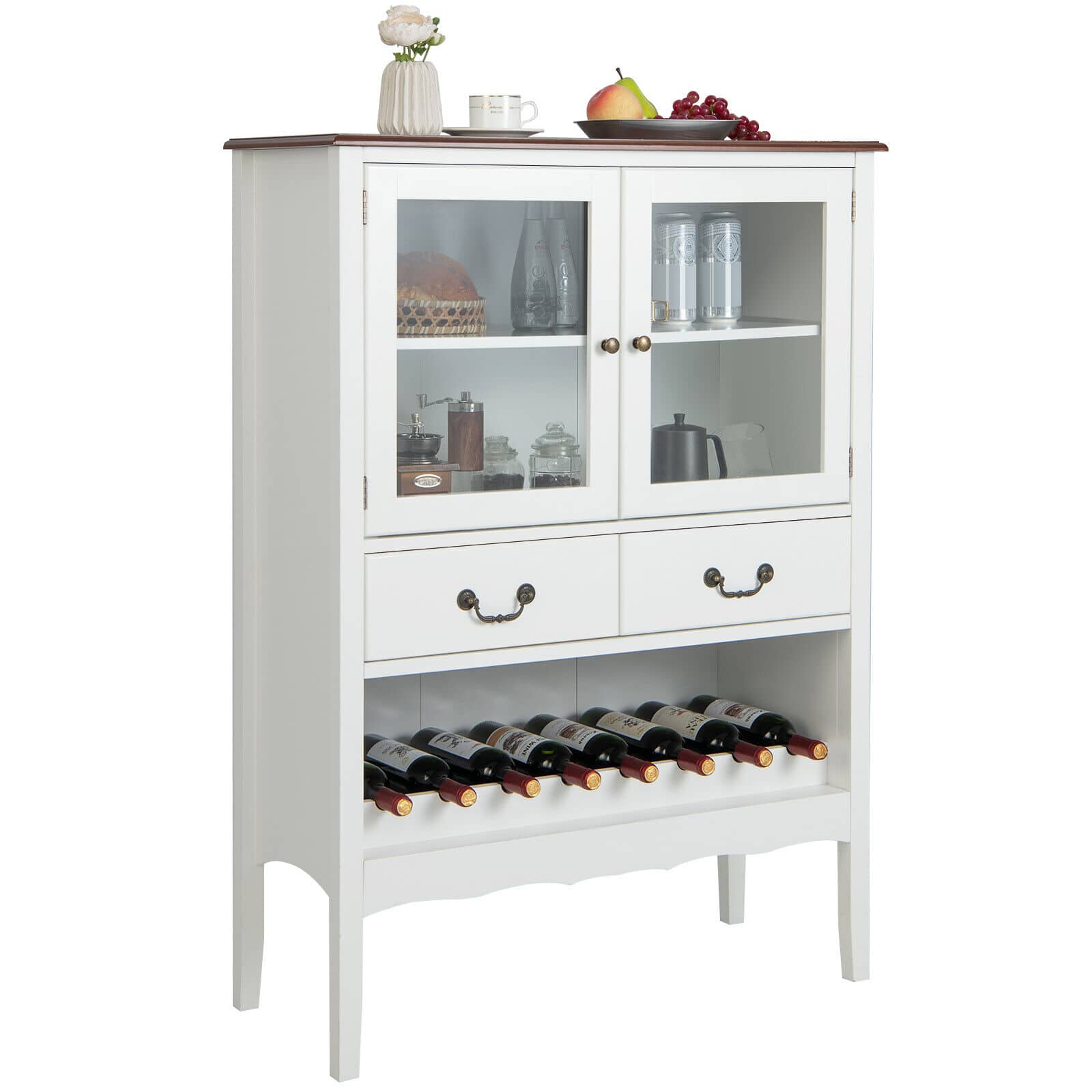 Gymax - 2-Door Liquor Coffee Bar Cabinet Freestanding Buffet Sideboard Wine Rack Drawers - White,Brown
