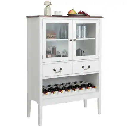 Front. Gymax - Gymax 2-Door Liquor Coffee Bar Cabinet Freestanding Buffet Sideboard Wine Rack Drawers - White,Brown.