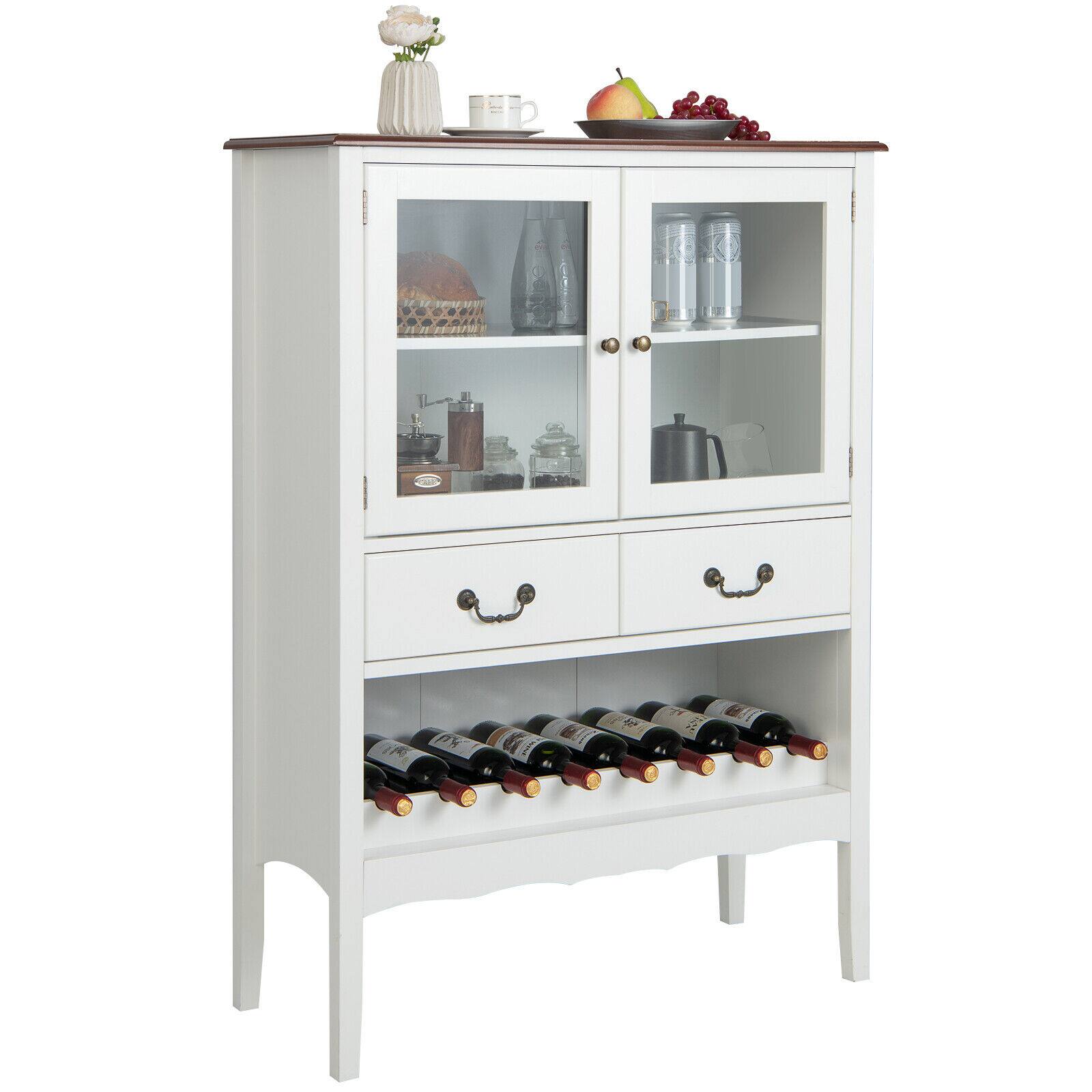 Front. Gymax - Gymax 2-Door Liquor Coffee Bar Cabinet Freestanding Buffet Sideboard Wine Rack Drawers - White,Brown.