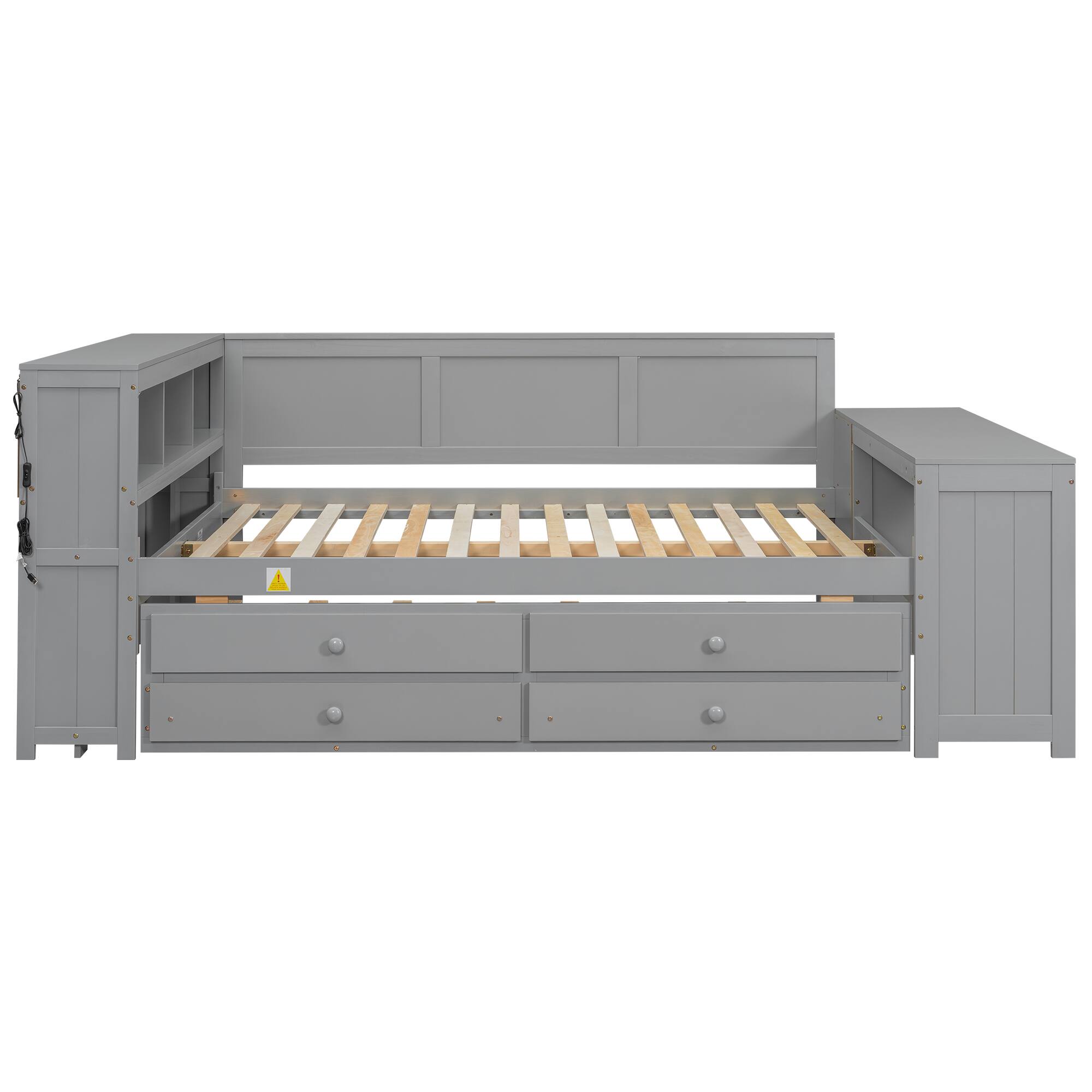 Back. Whisen - Full Size Daybed with Trundle, Storage Shelves, Drawers, Desk, LED & Charging Station - Gray.