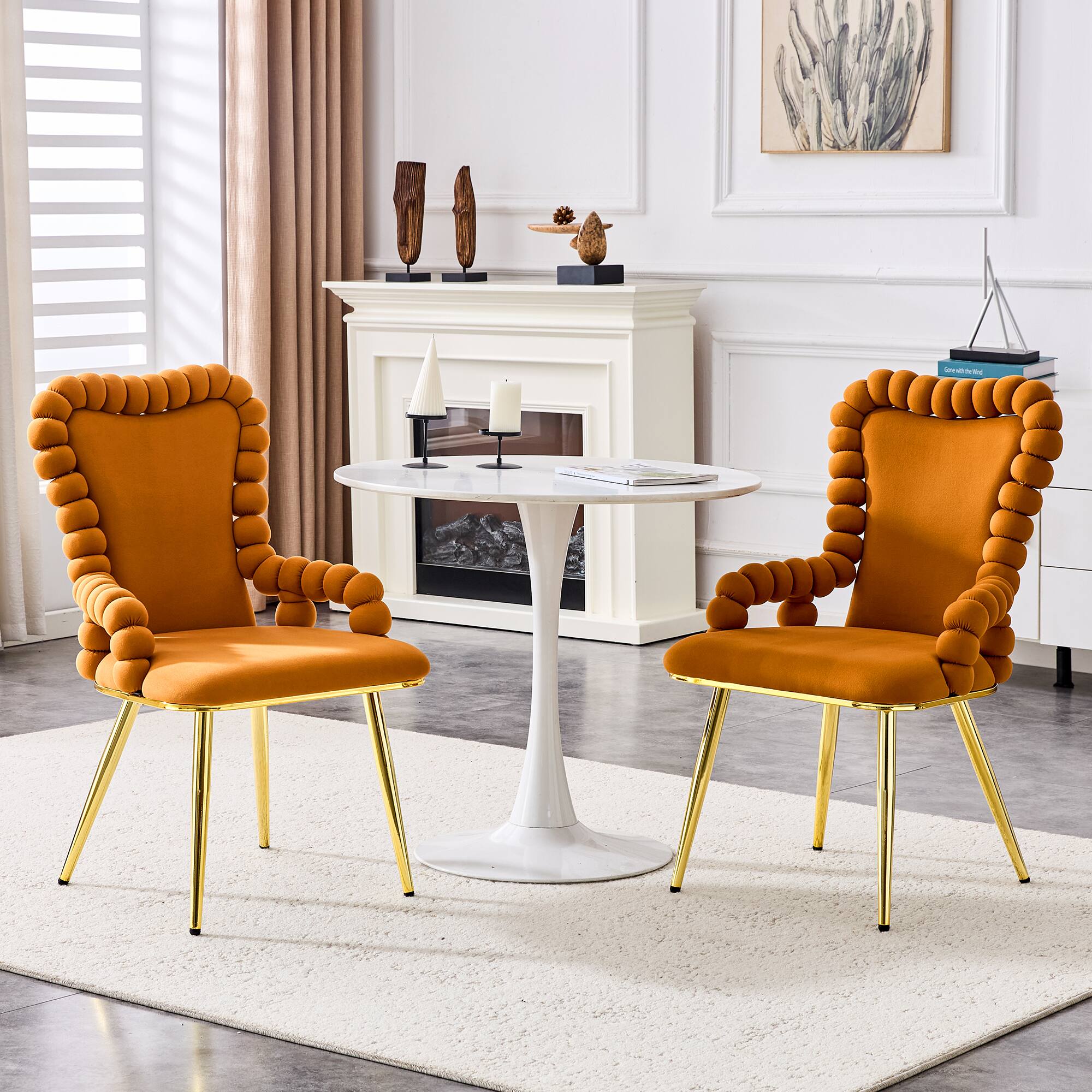 Angle. Loheer - Loheer Velvet Dining Chairs Set of 2 Orange Bubble Back Accent Chairs for Dining Room Kitchen, Gold Legs, 1.8 ft - Gold,Orange.