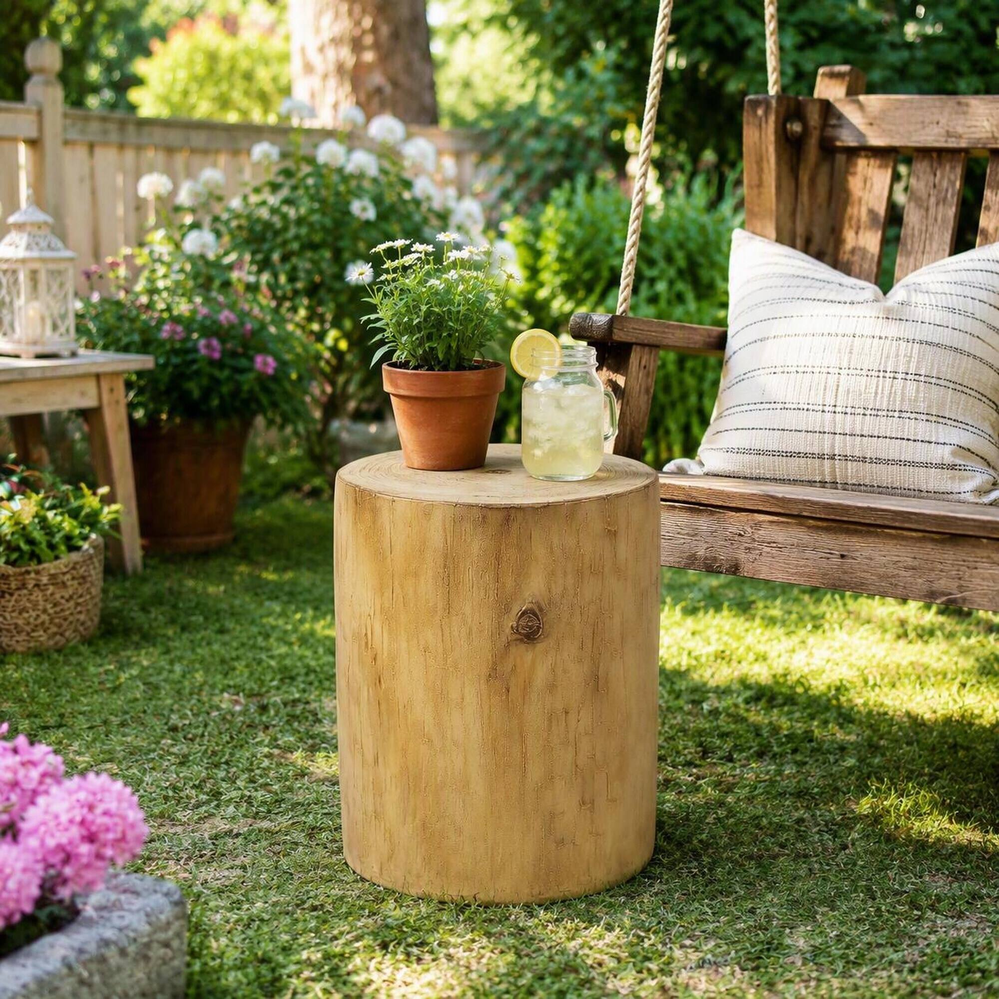 Alt View 2. RYHNUYNE - Outdoor 14.25" Accent Side Table, Hand‑Painted Faux Wood Stump End Table For Patio Backyard Decor - Light Brown.
