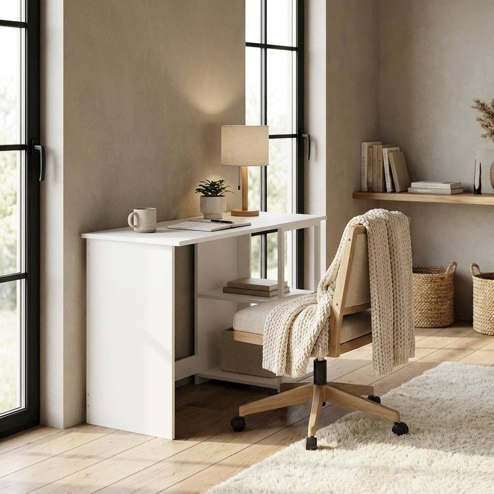 Left. BisonOffice - White Modern Living Computer Desk with Sturdy Construction and Spacious Surface - Solid White/White.