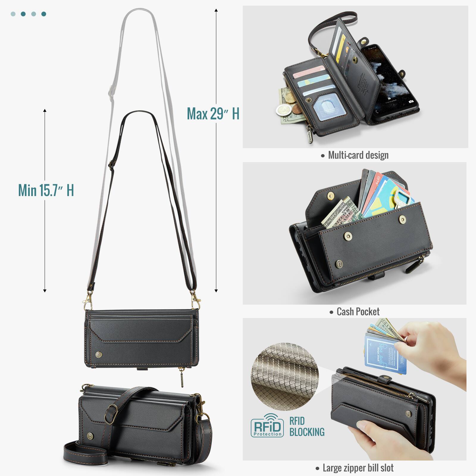 Max 29" H  
Multi-card design  
Min 15.7" H  
Cash Pocket  
RFID BLOCKING Protection  
Large zipper bill slot