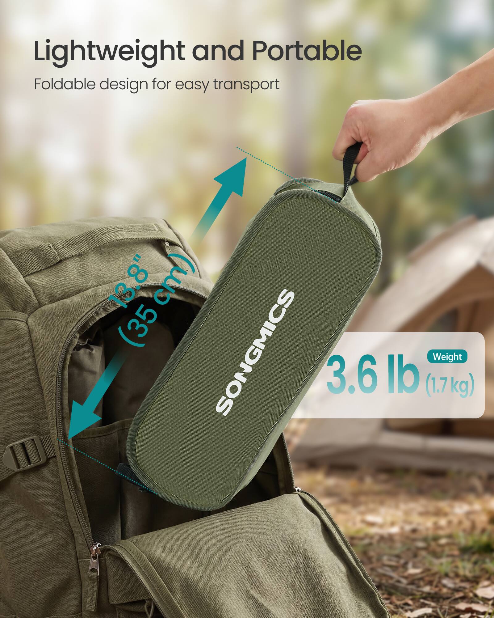 Lightweight and Portable  
Foldable design for easy transport  

13.8" (35 cm)  
3.6 lb (1.7 kg) Weight