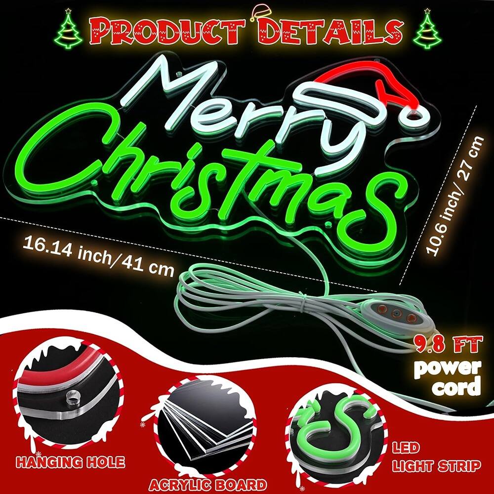 PRODUCT DETAILS

- Merry Christmas
- 16.14 inch / 41 cm
- 0.6 inch / 2.7 cm
- 9.8 FT power cord
- HANGING HOLE
- ACRYLIC BOARD
- LED LIGHT STRIP