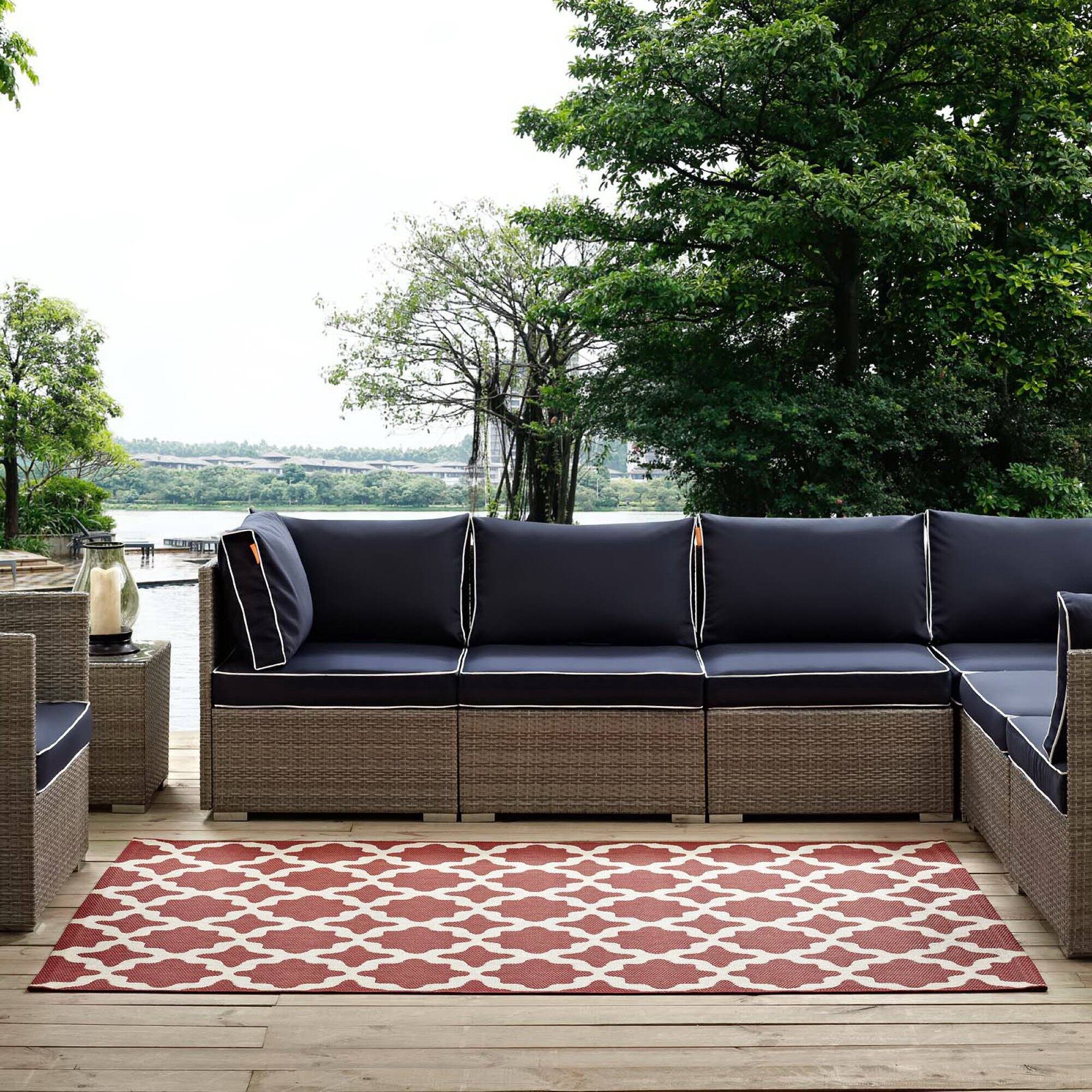 Left. Modway - Cerelia Moroccan Trellis Indoor and Outdoor Area Rug - Red and Beige.