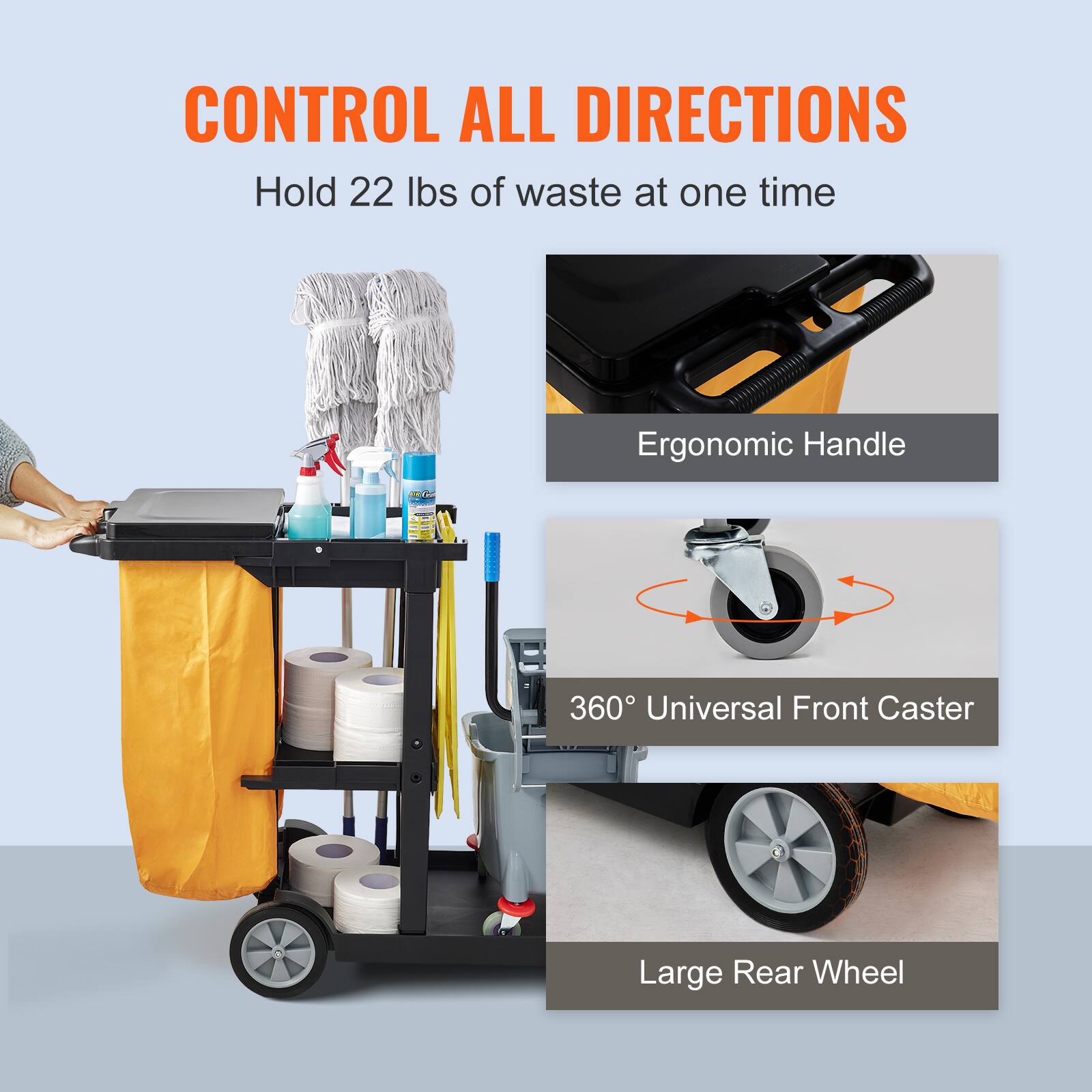 CONTROL ALL DIRECTIONS  
Hold 22 lbs of waste at one time  

Ergonomic Handle  

360° Universal Front Caster  

Large Rear Wheel