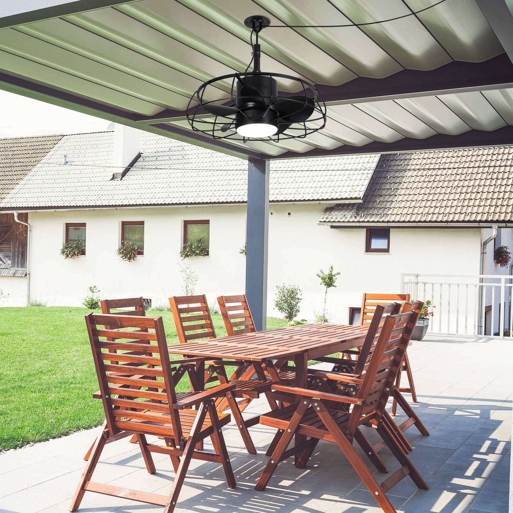 Alt View 1. Parrot Uncle - 20" Industrial Black Wet Hook Outdoor Caged Ceiling Fan with Light and Remote - Black.