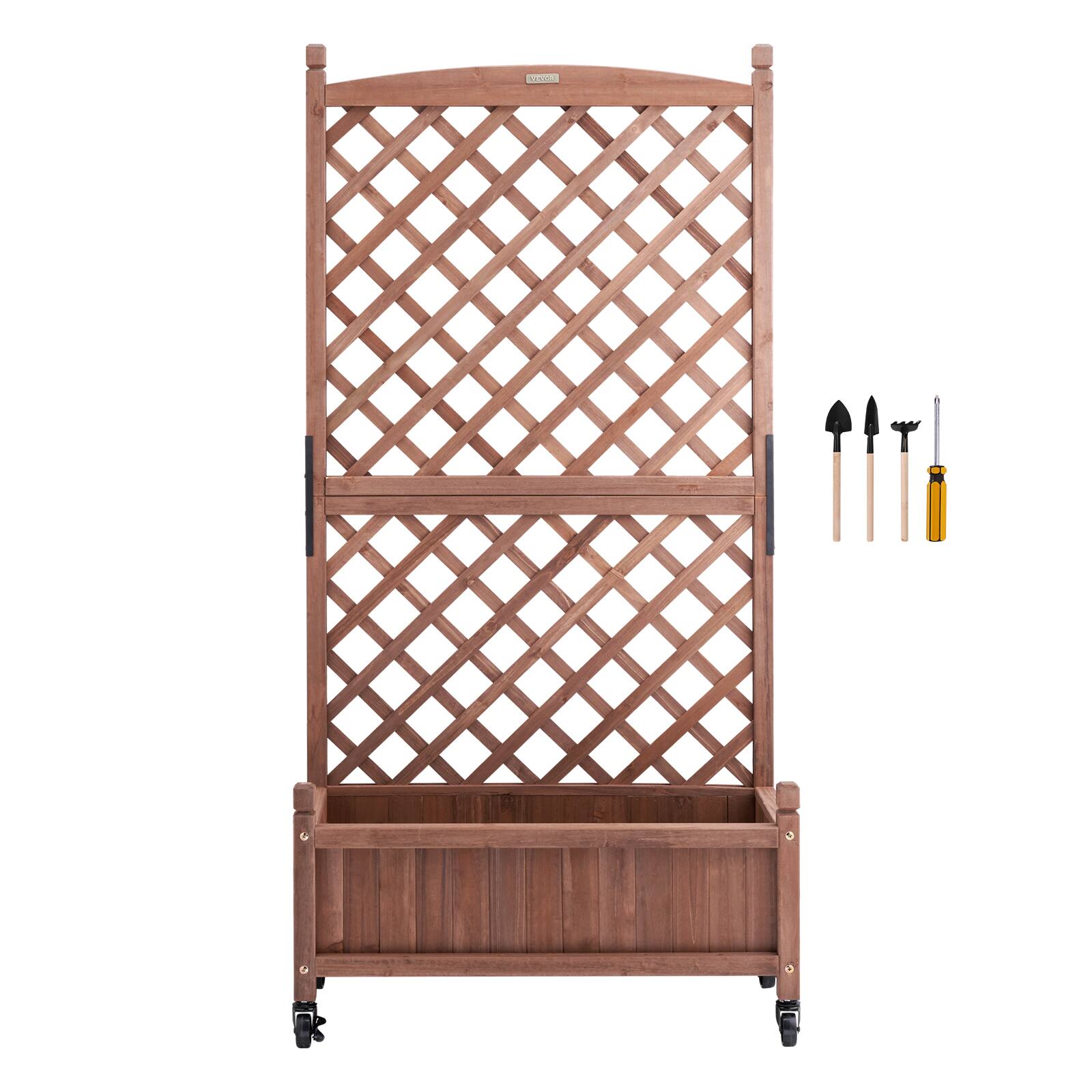 Alt View 5. VEVOR - Raised Garden Bed with Trellis, 30" x 13" x 61.4" Outdoor Raised Wood Planters with Drainage Holes - Walnut.