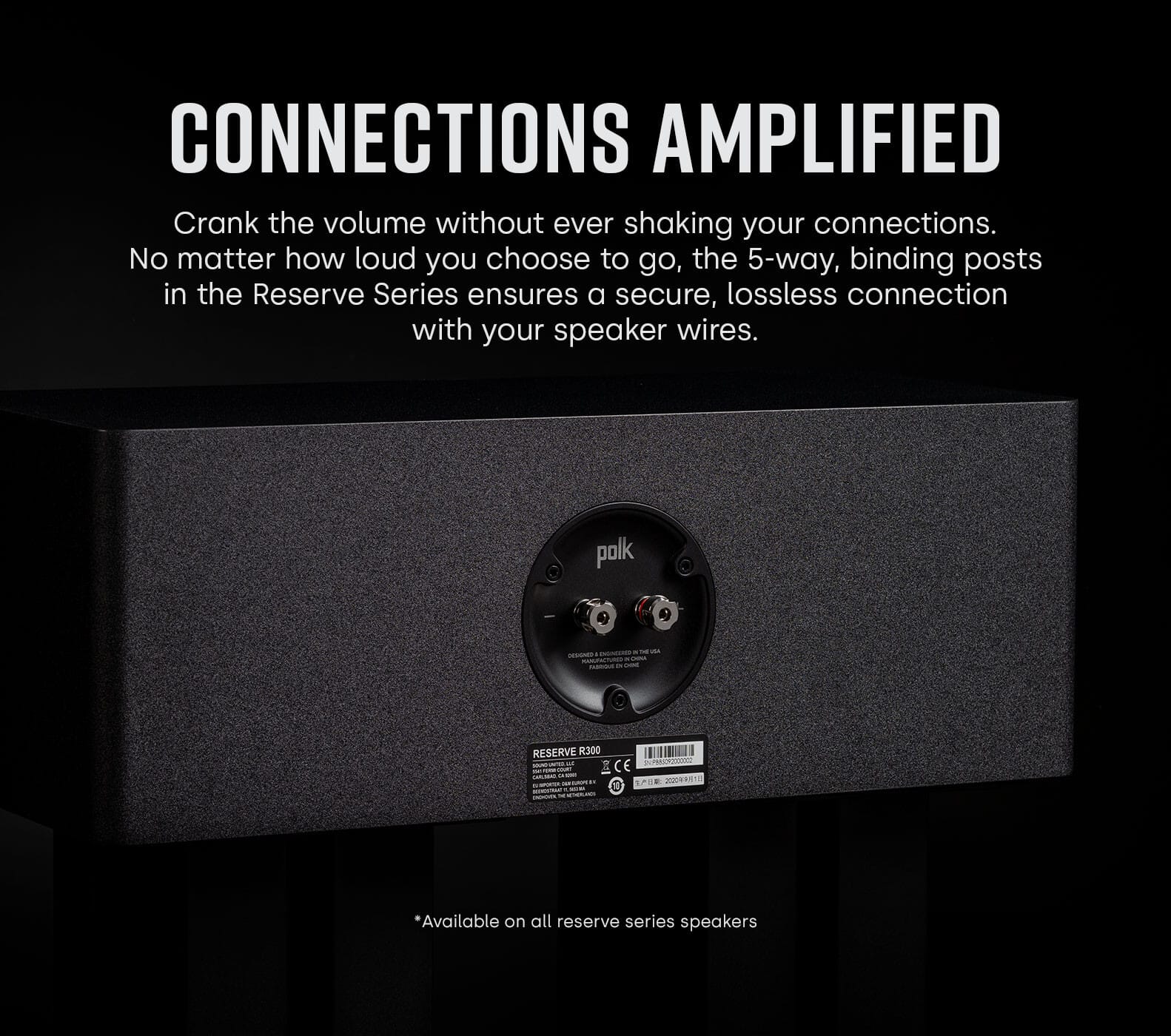 CONNECTIONS AMPLIFIED: Crank the volume without ever shaking your connections. No matter how loud you choose to go, the 5-way, binding posts in the Reserve Series ensures a secure, lossless connection with your speaker wires. Available on all Reserve Series speakers.