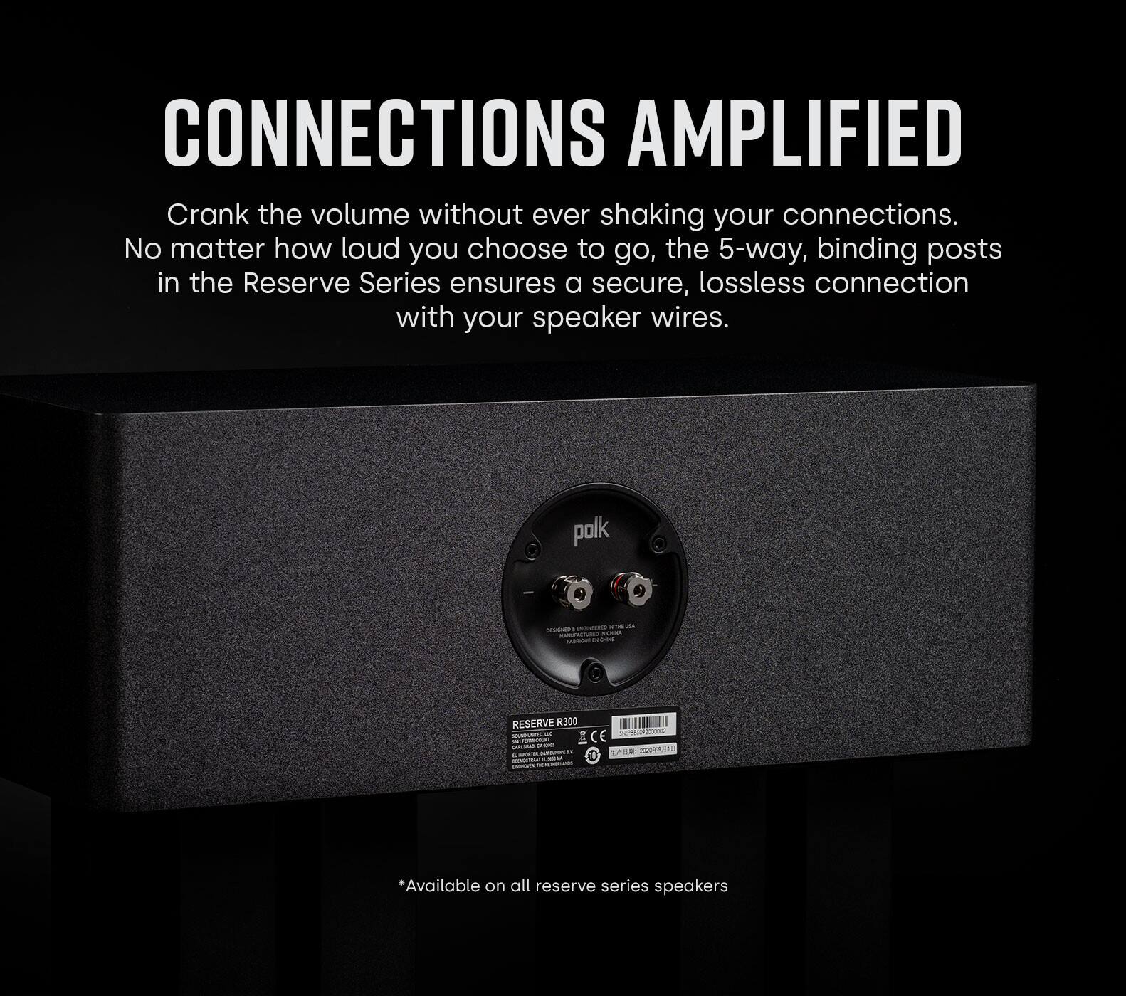 CONNECTIONS AMPLIFIED: Crank the volume without ever shaking your connections. No matter how loud you choose to go, the 5-way, binding posts in the Reserve Series ensures a secure, lossless connection with your speaker wires. Available on all Reserve Series speakers.
