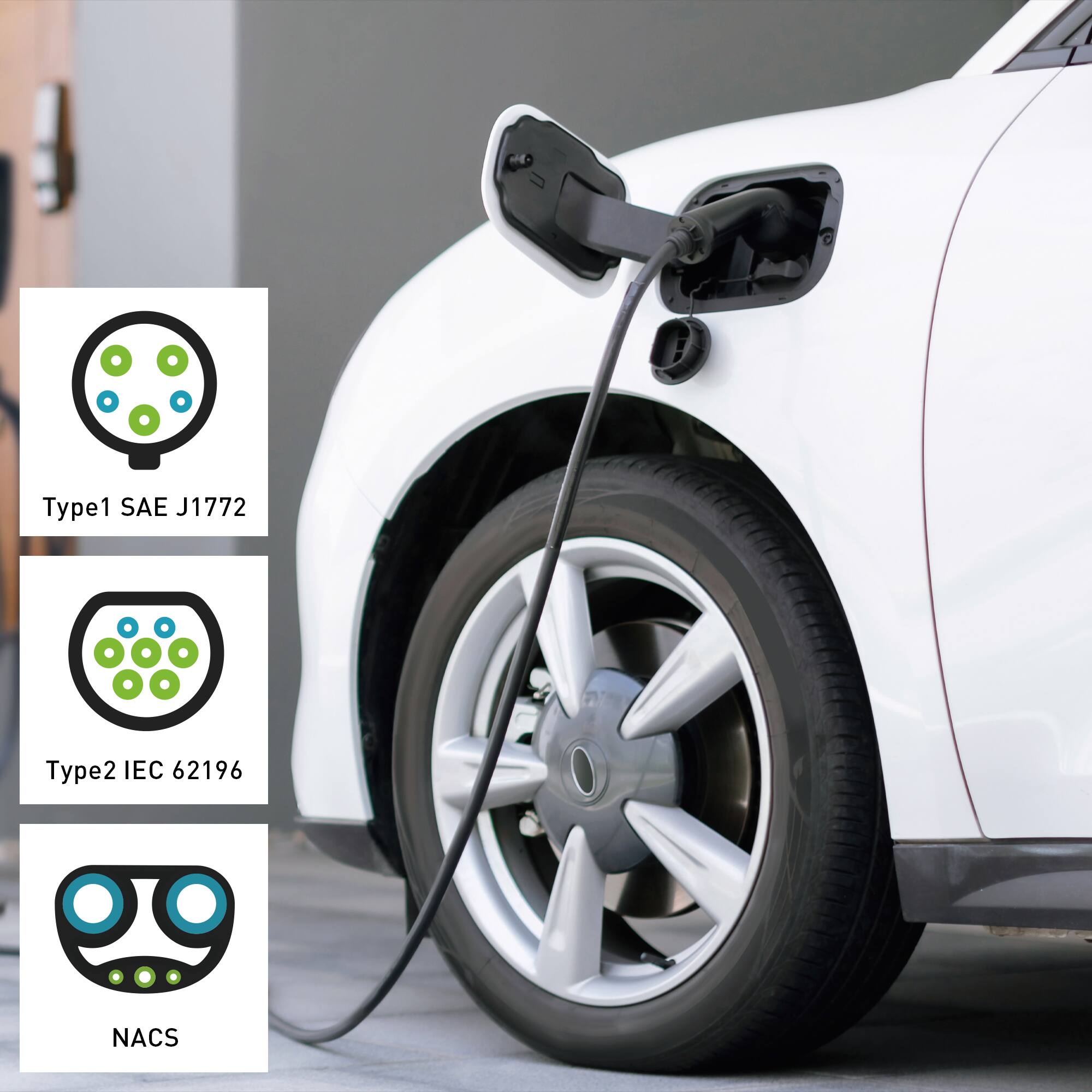 Type1 SAE J1772  
Type2 IEC 62196  
NACS