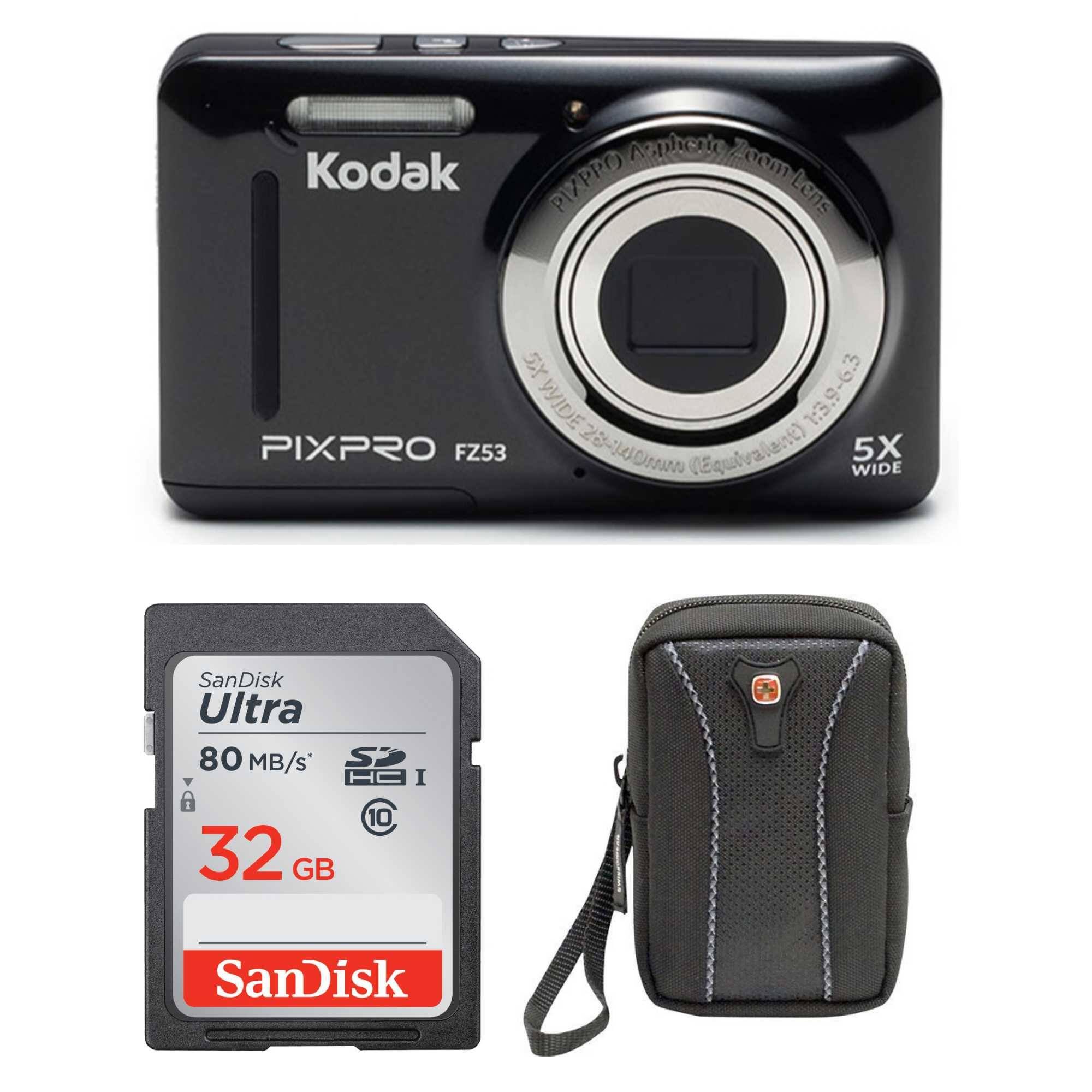 The image features a Kodak PIXPRO FZ53 camera, which is a compact digital camera with a 5x wide lens. The camera is accompanied by a SanDisk Ultra memory card, which is a high-capacity storage solution for the camera. Additionally, there is a pouch and a strap included with the camera, providing protection and convenience for the user. The camera is positioned on the top left of the image, while the memory card is located on the bottom left. The pouch and strap are placed on the right side of the image.