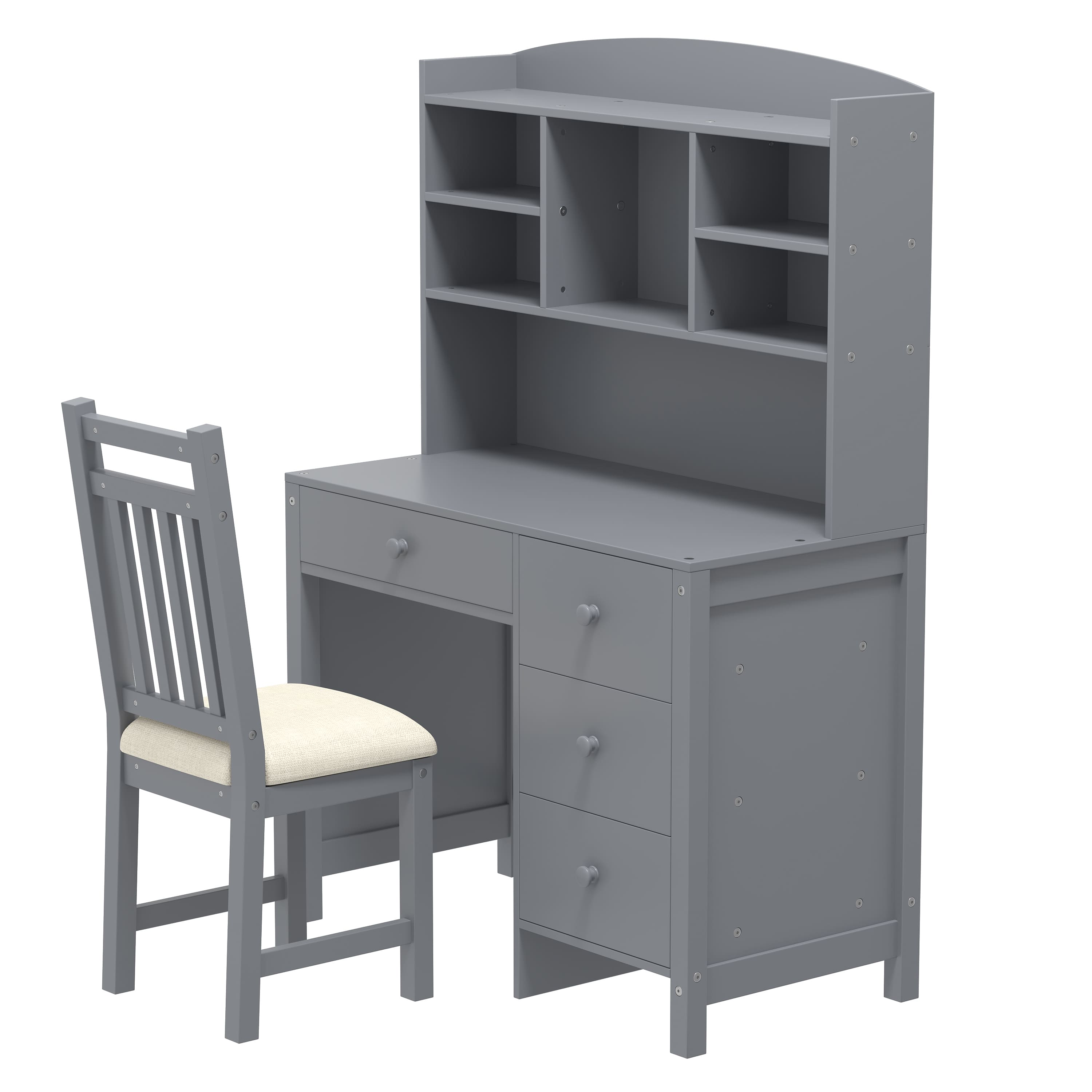 Spaco - Home Office Desk and Chair Set with Bookshelf, Four Drawers, Storage Shelf - Gray