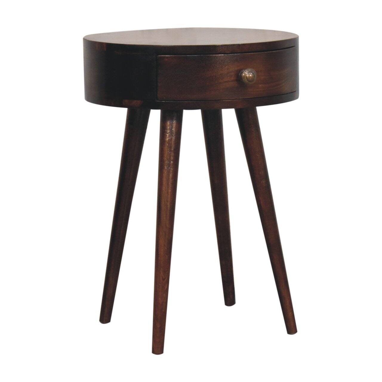 Angle. Artisan Furniture - Artisan Furniture Solid Wood, Nordic California Walnut Circular Shaped Bedside, 1 Drawer, Nordic Legs, Dark Brown - Walnut Finish.