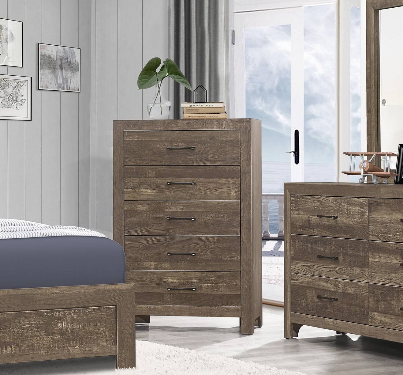 Back. TinyHomie - Simple Look Rustic Brown Finish 1pc Chest of 5x Drawers Black Metal Hardware Bedroom Furniture - Rustic Brown.