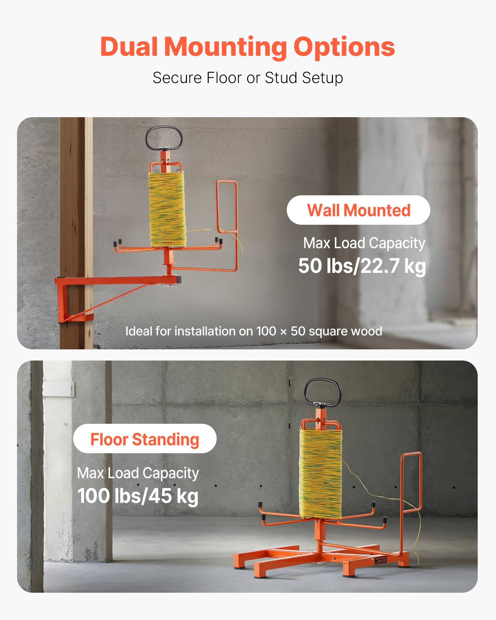 Dual Mounting Options
Secure Floor or Stud Setup

Wall Mounted
Max Load Capacity 50 lbs/22.7 kg
Ideal for installation on 100 x 50 square wood

Floor Standing
Max Load Capacity 100 lbs/45 kg