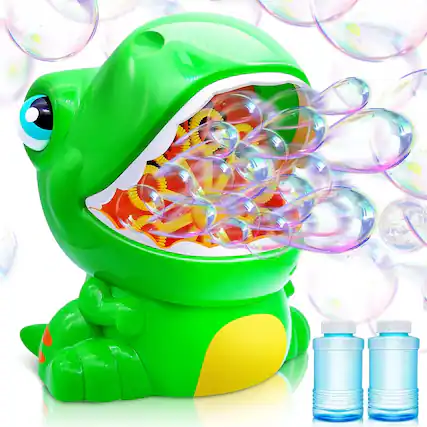 Front. Joyfy - Dinosaur Bubble Machine, Bubble Maker with 2 Bottles Bubble Solutions for Kids Toddlers Summer Outdoor Toys, Party Favor.