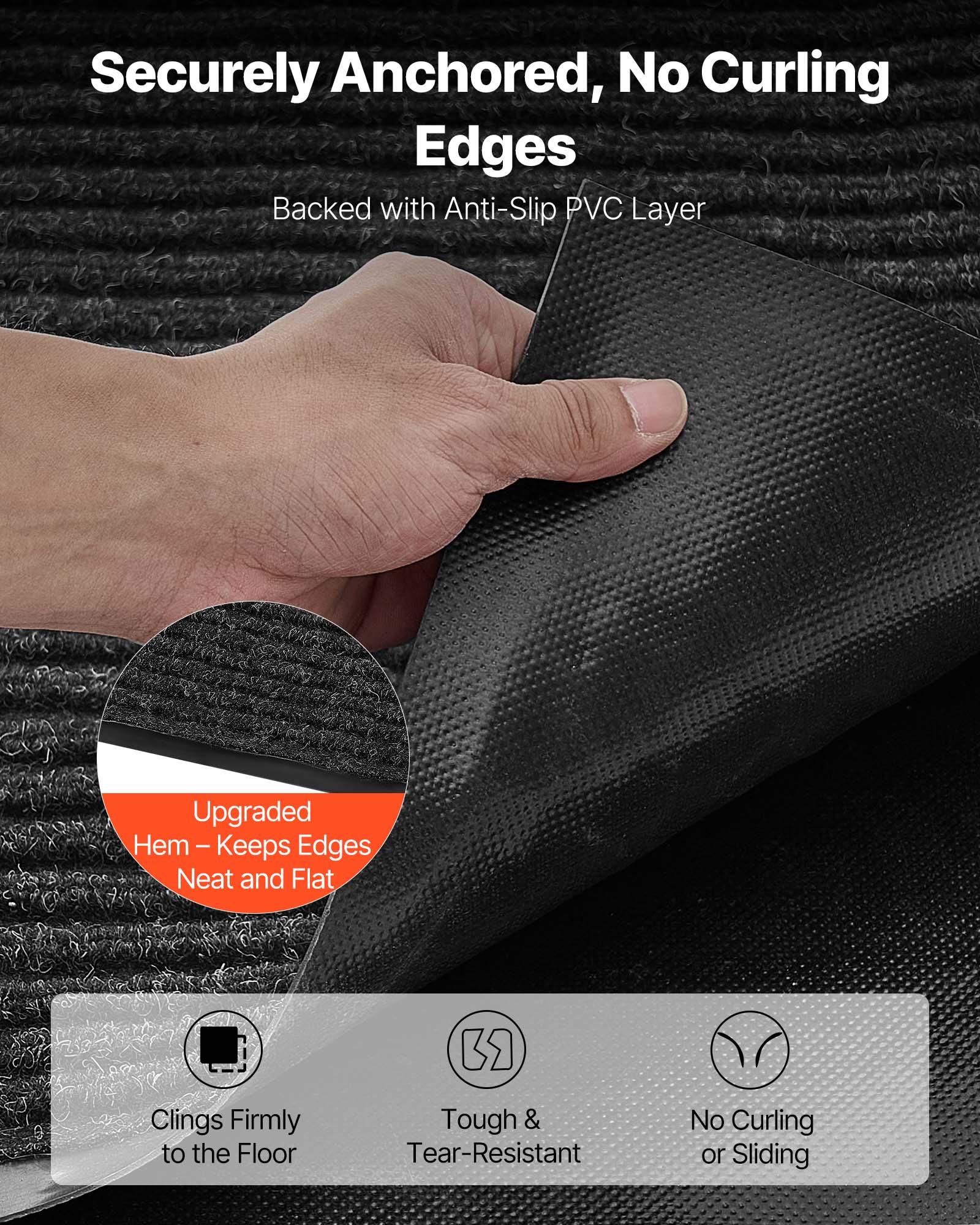 Sure, here is the corrected and grouped text:

---

**Securely Anchored, No Curling Edges**

- Backed with Anti-Slip PVC Layer

- Upgraded Hem – Keeps Edges Neat and Flat

- Clings Firmly to the Floor

- Tough & Tear-Resistant

- No Curling or Sliding

---