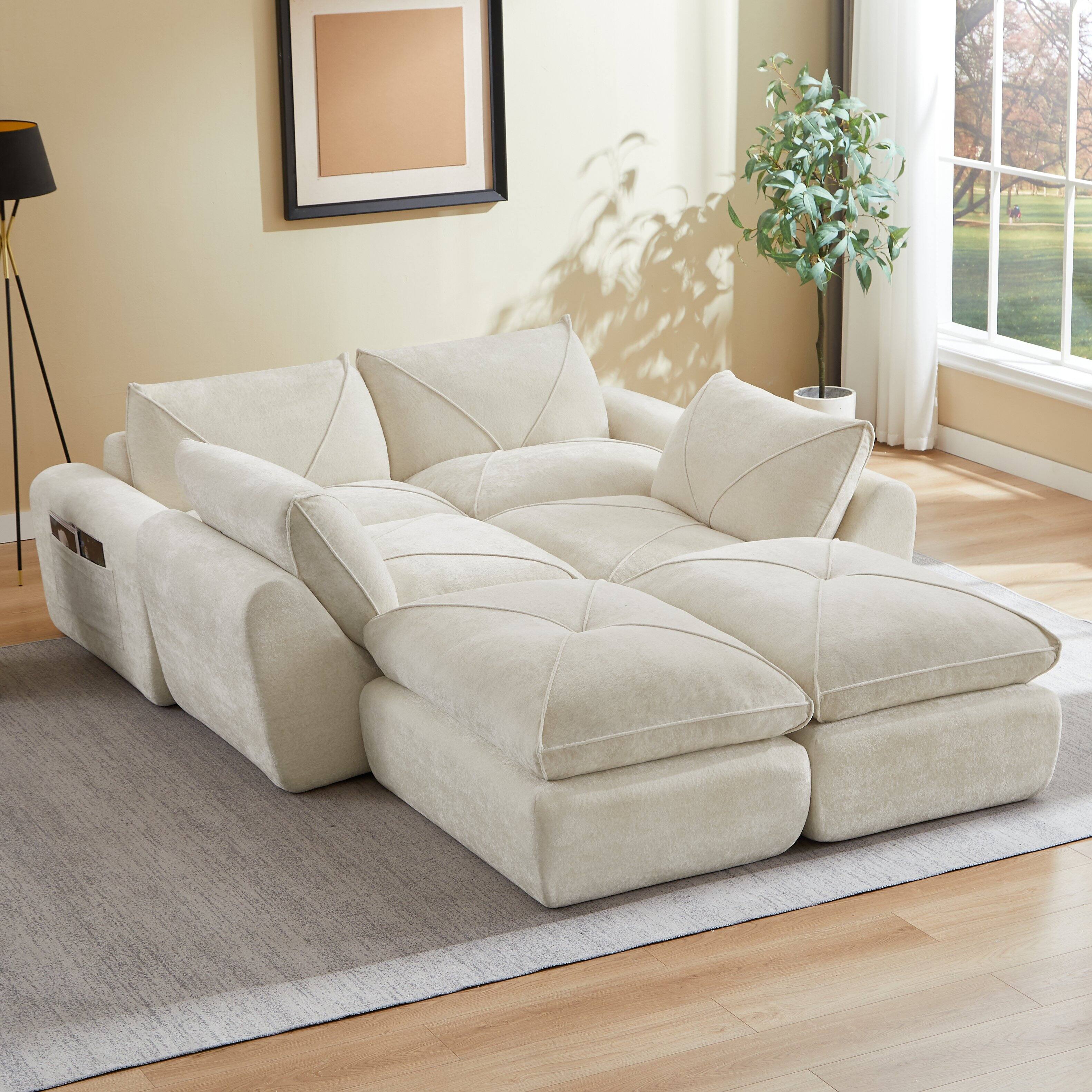Alt View 1. Loheer - Loheer Modern Minimalist Chenille Sectional Sofa with Ottoman Oversized Living Room Couch - Beige.