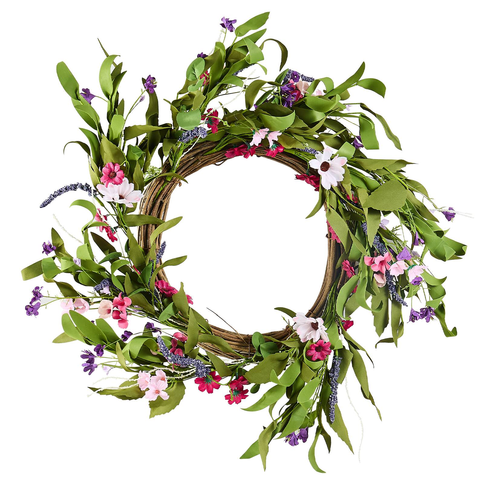 VEVOR - Artificial Decorative Wreath, 22 in, Decorated with Daisies, Babysbreath, Buds, Year Round Wreath - Pink Green