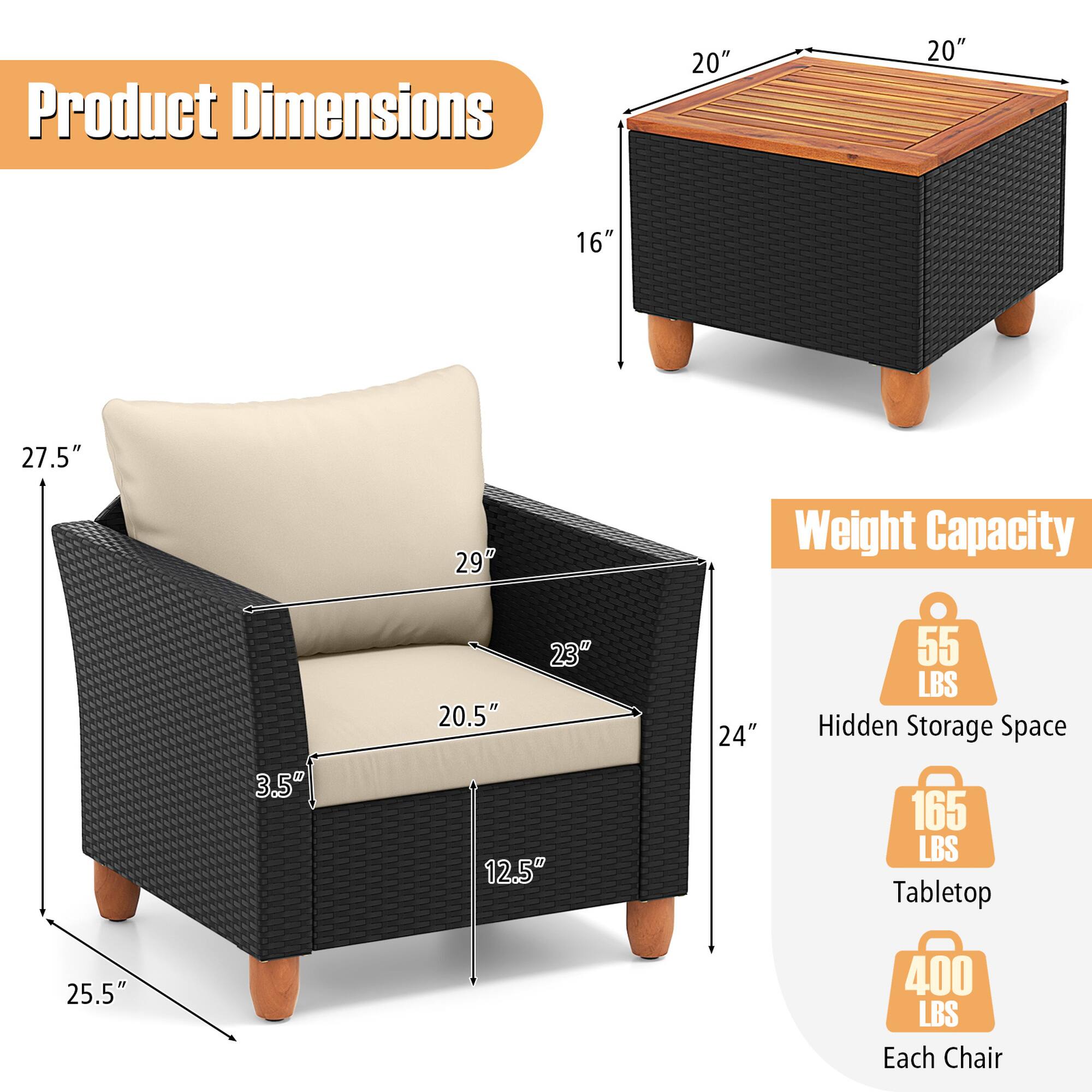 Product Dimensions  
20" x 20" x 16"  
27.5" x 29" x 23" x 20.5" x 12.5" x 24" x 25.5"  

Weight Capacity  
Hidden Storage Space: 55 LBS  
Tabletop: 165 LBS  
Each Chair: 400 LBS