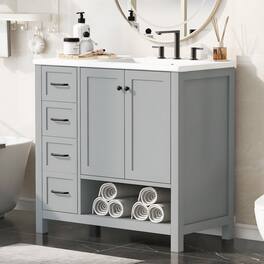 Whisen - 36 Inch Bathroom Vanity with Right Side Ceramic Sink Combo and Single Open Shelf Storage Cabinet - Gray