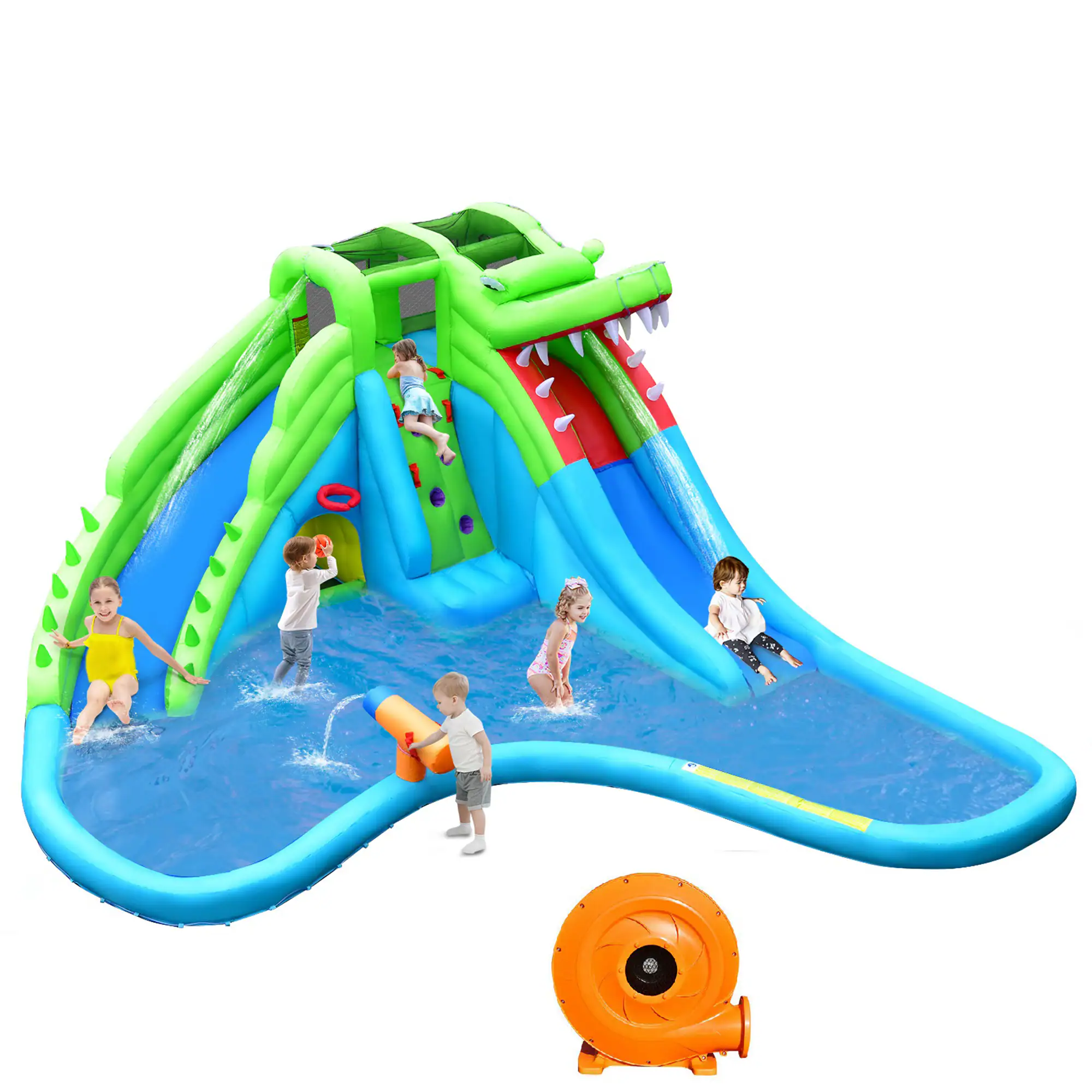 Front. Gymax - Gymax Crocodile Inflatable Water Slide Park Kids Bounce House w/ Dual Slides With 780W Blower.