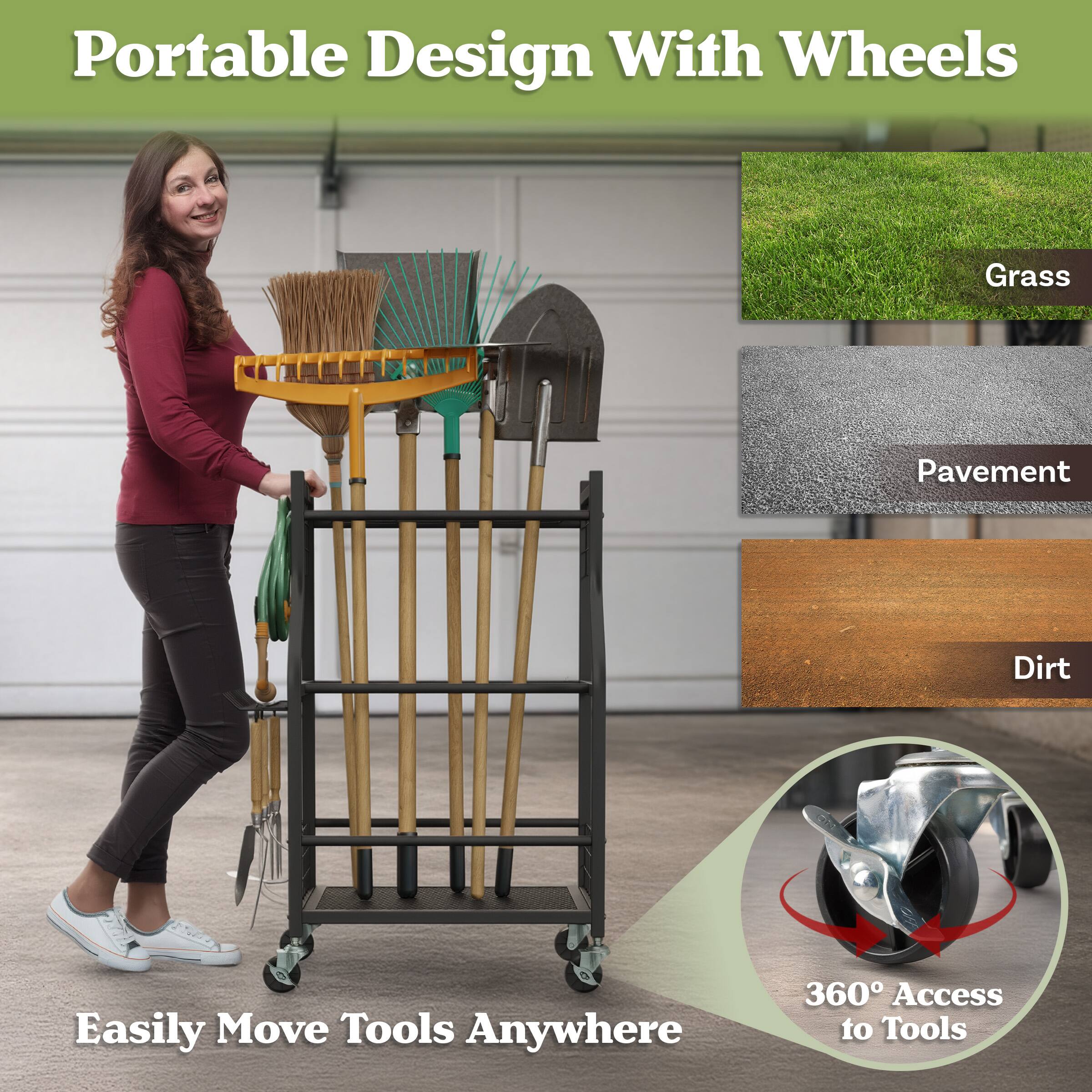 Portable Design With Wheels  
Grass Pavement Dirt  
Easily Move Tools Anywhere  
360° Access to Tools