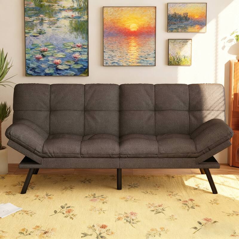 Front. Vipbear - 71" Futon Sofa Bed, Cozy Convertible Loveseat Sleeper, Linen Fabric Couch with Adjustable Back & Arms - Dark Gray.