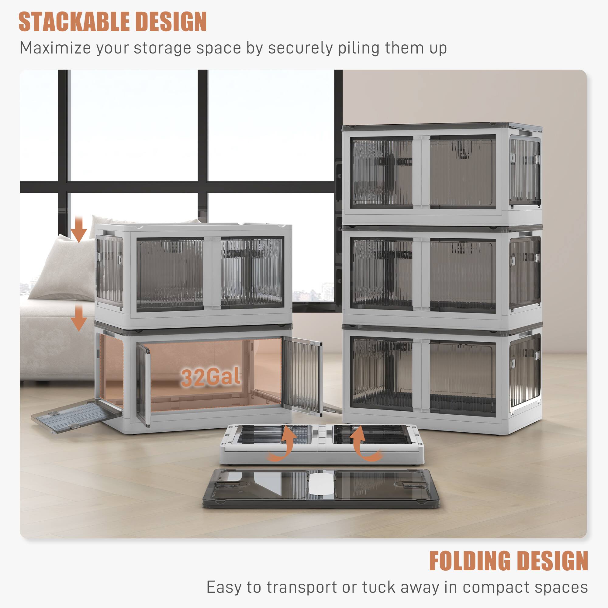 STACKABLE DESIGN: Maximize your storage space by securely piling them up 32Gal
FOLDING DESIGN: Easy to transport or tuck away in compact spaces